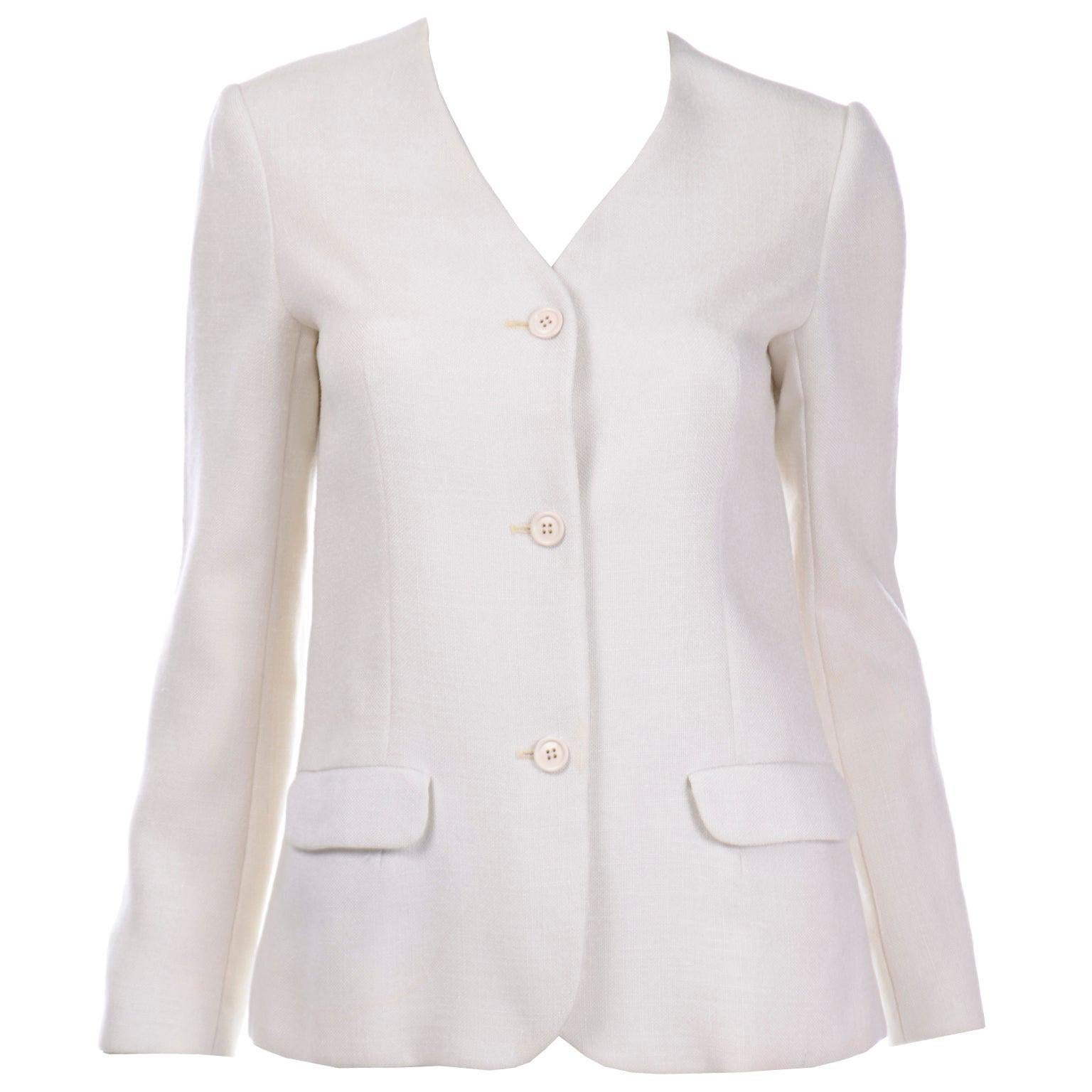 1970s Halston Vintage Ivory Linen Button Front Summer Jacket For Sale