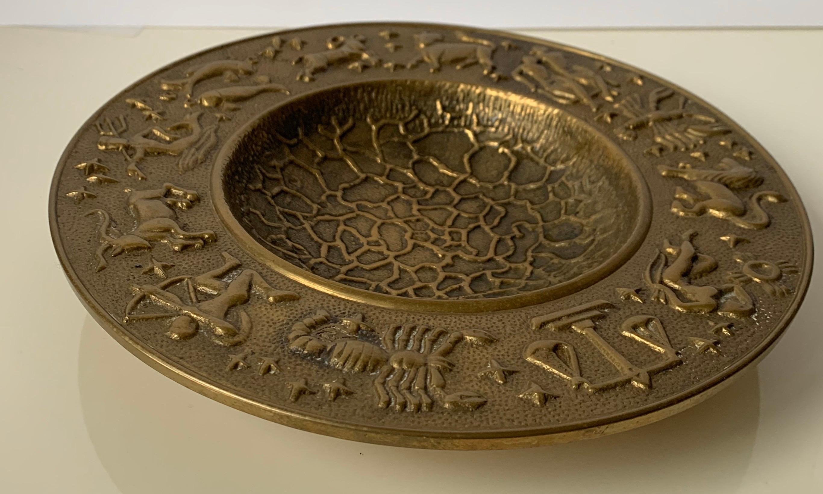 Late 20th Century 1970s Brass Zodiac Motif Hammered Bowl For Sale