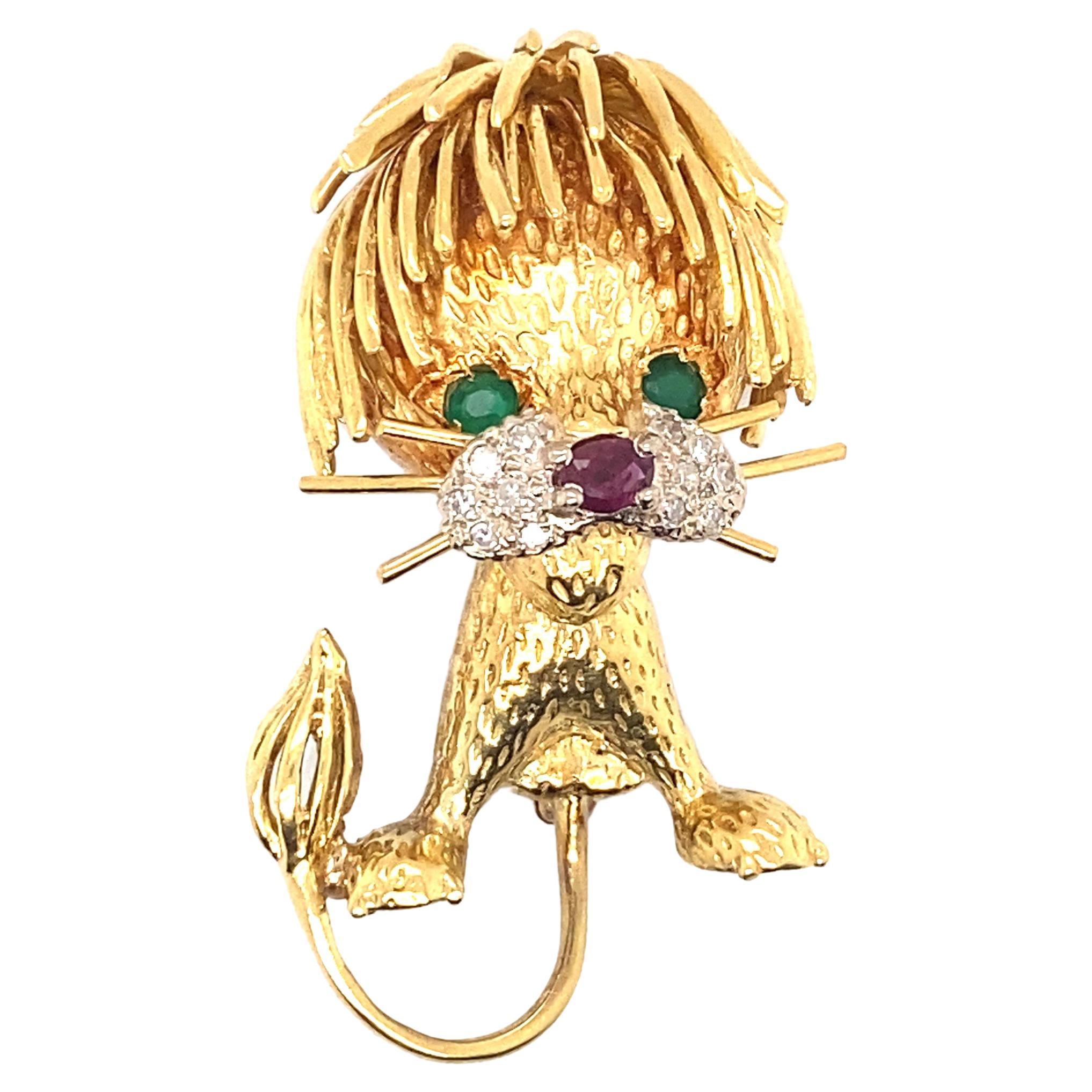 1970s Hammerman Bros. Diamond, Ruby and Emerald Lion Brooch in 18 Karat Gold For Sale