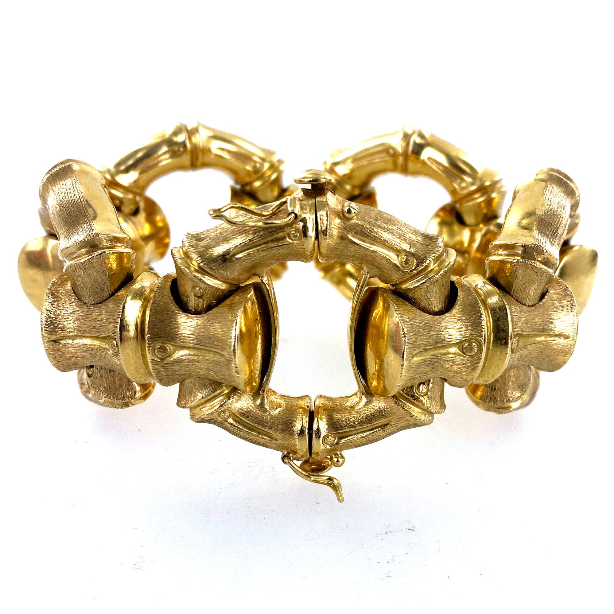 Women's 1970s Hammerman Brothers Bamboo Link 18 Karat Yellow Gold Wide Bracelet