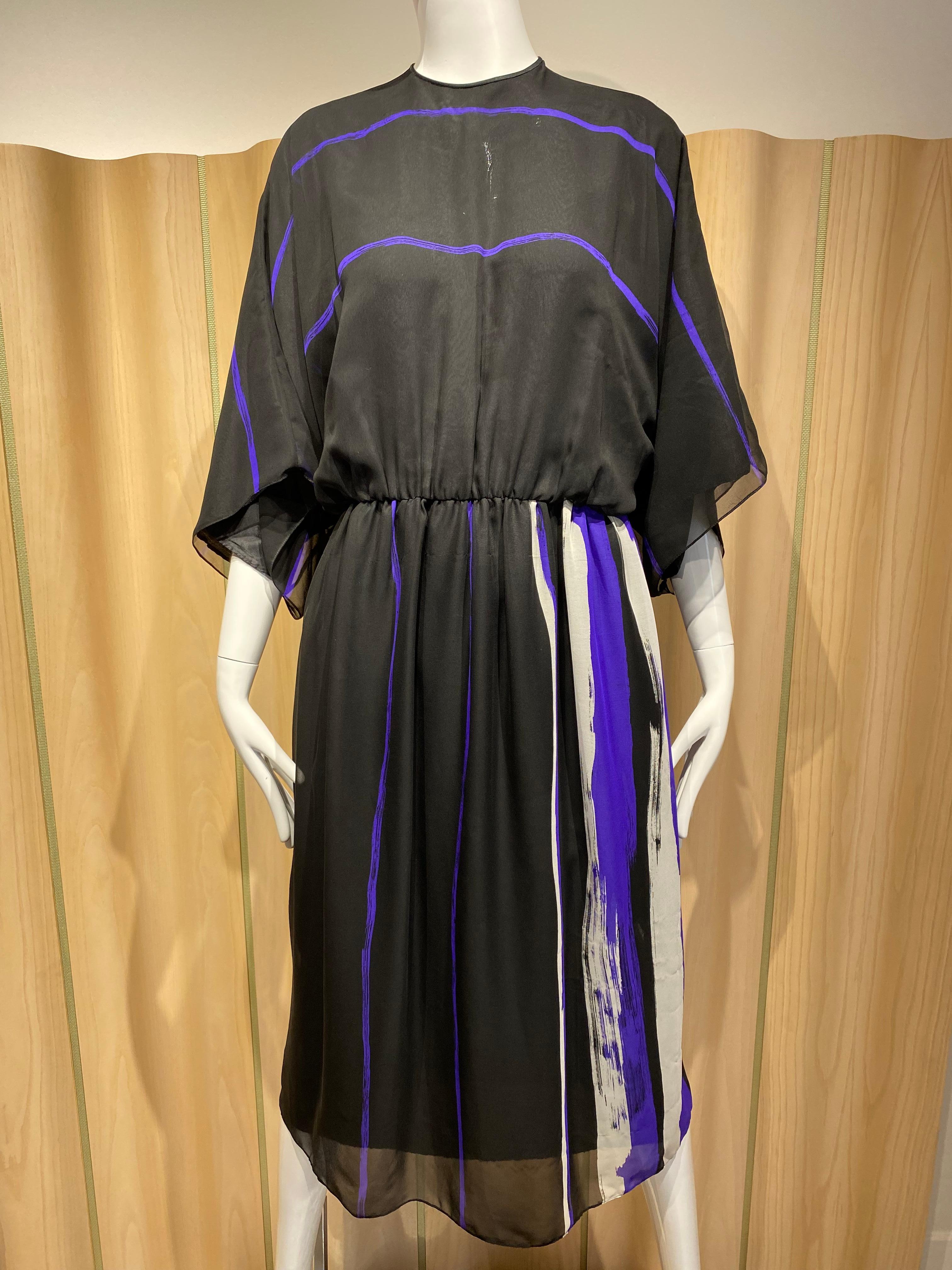 Women's 1970s Hanae Mori Black and Purple stripe crepe dress