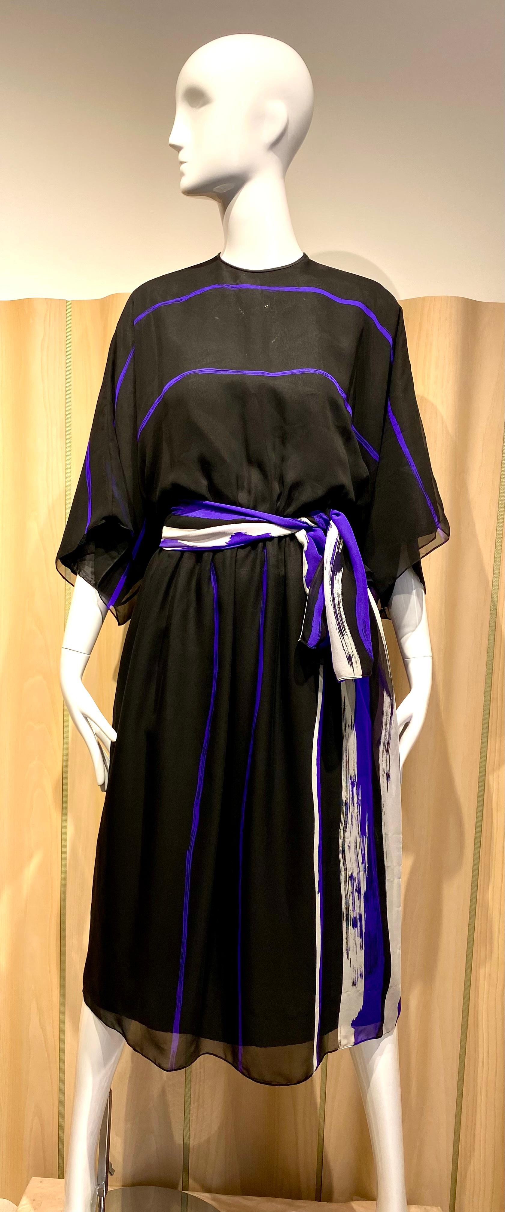 1970s Hanae Mori Black and Purple stripe crepe dress 2