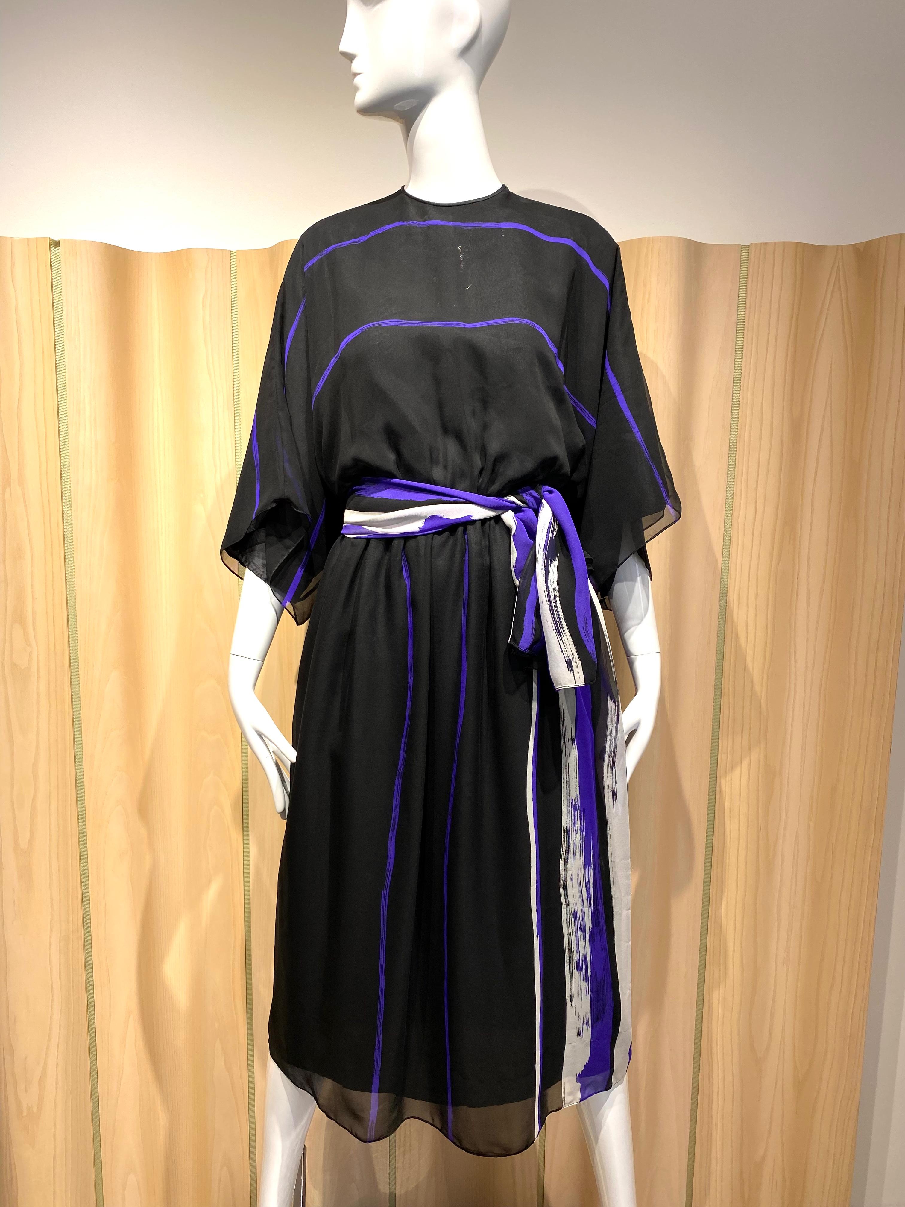 1970s Hanae Mori Black and Purple stripe crepe dress 3