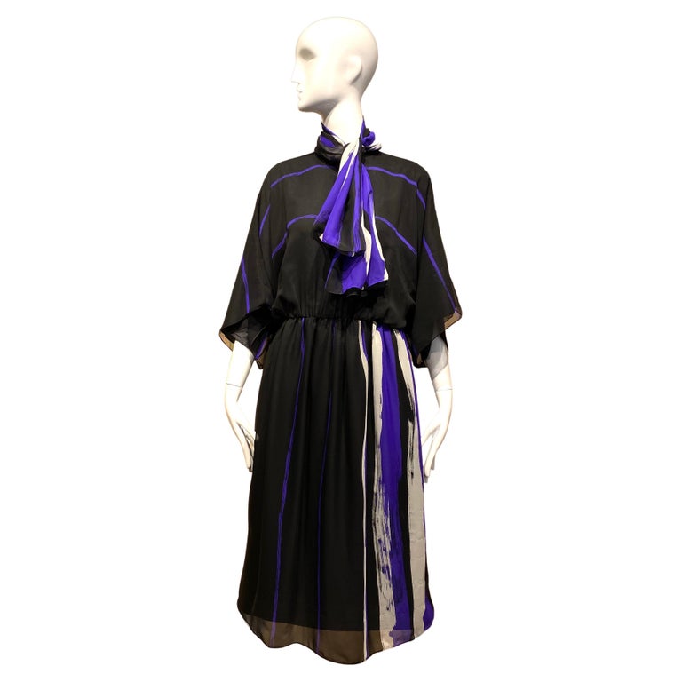 1970s Hanae Mori Black and Purple stripe crepe dress For Sale