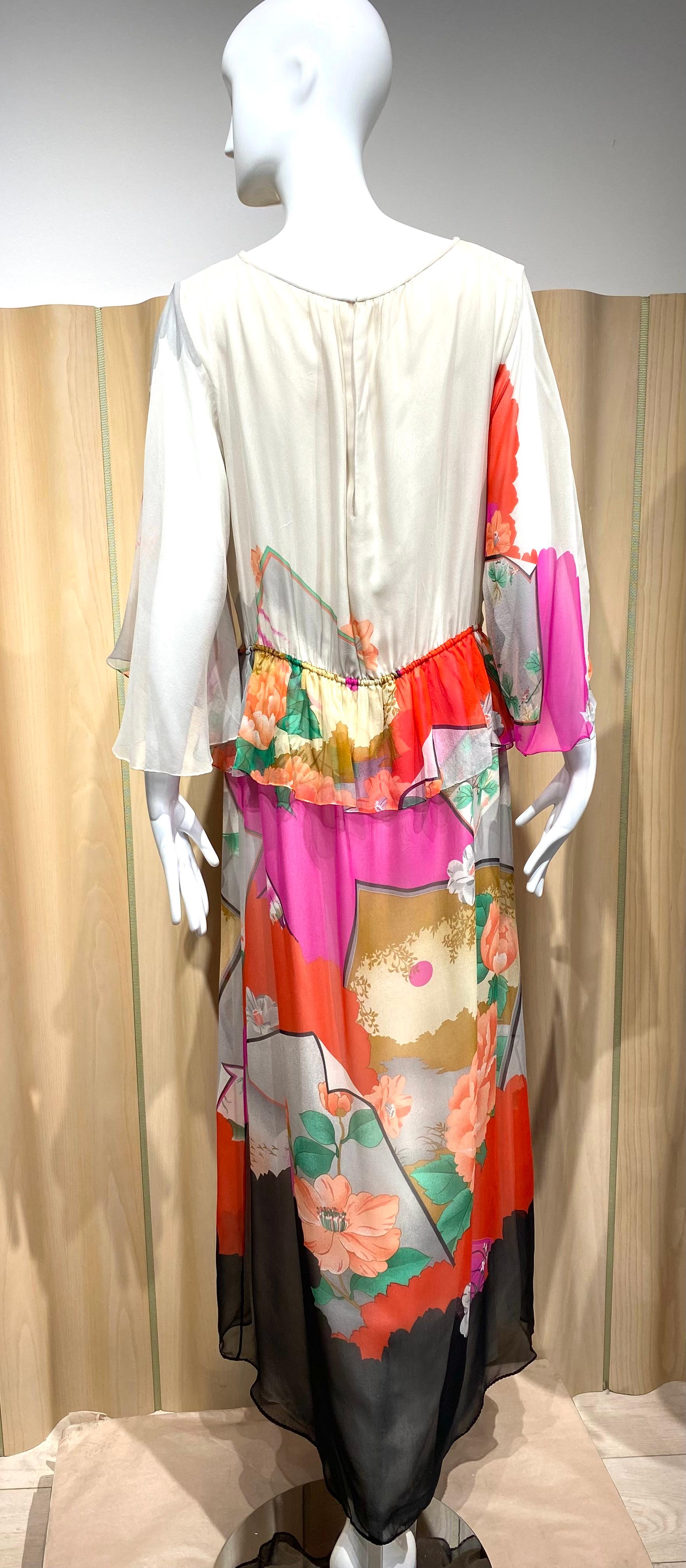 Beige 1970s Hanae Mori Cream and multi color floral print silk Dress For Sale