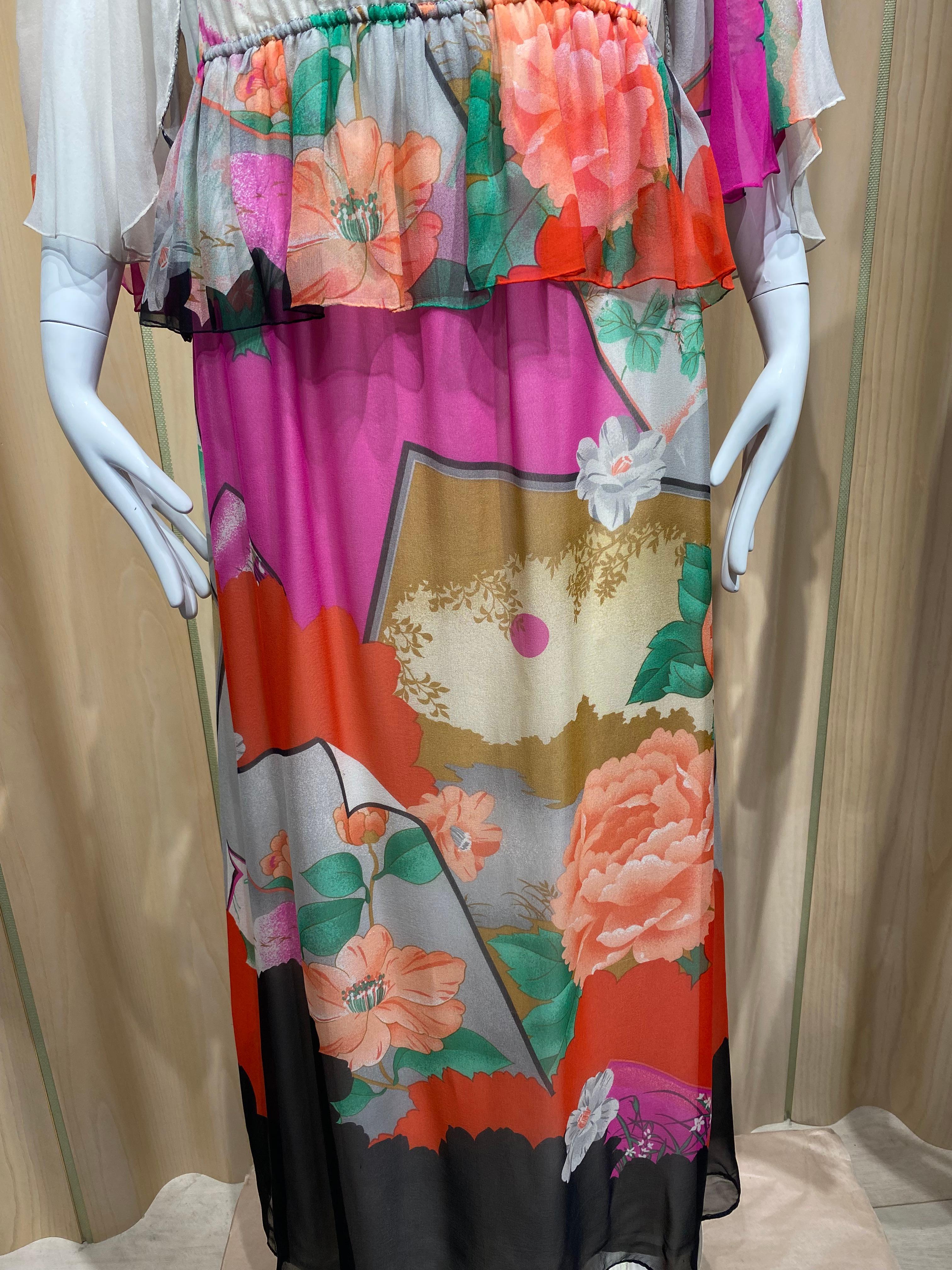 1970s Hanae Mori Cream and multi color floral print silk Dress For Sale 1