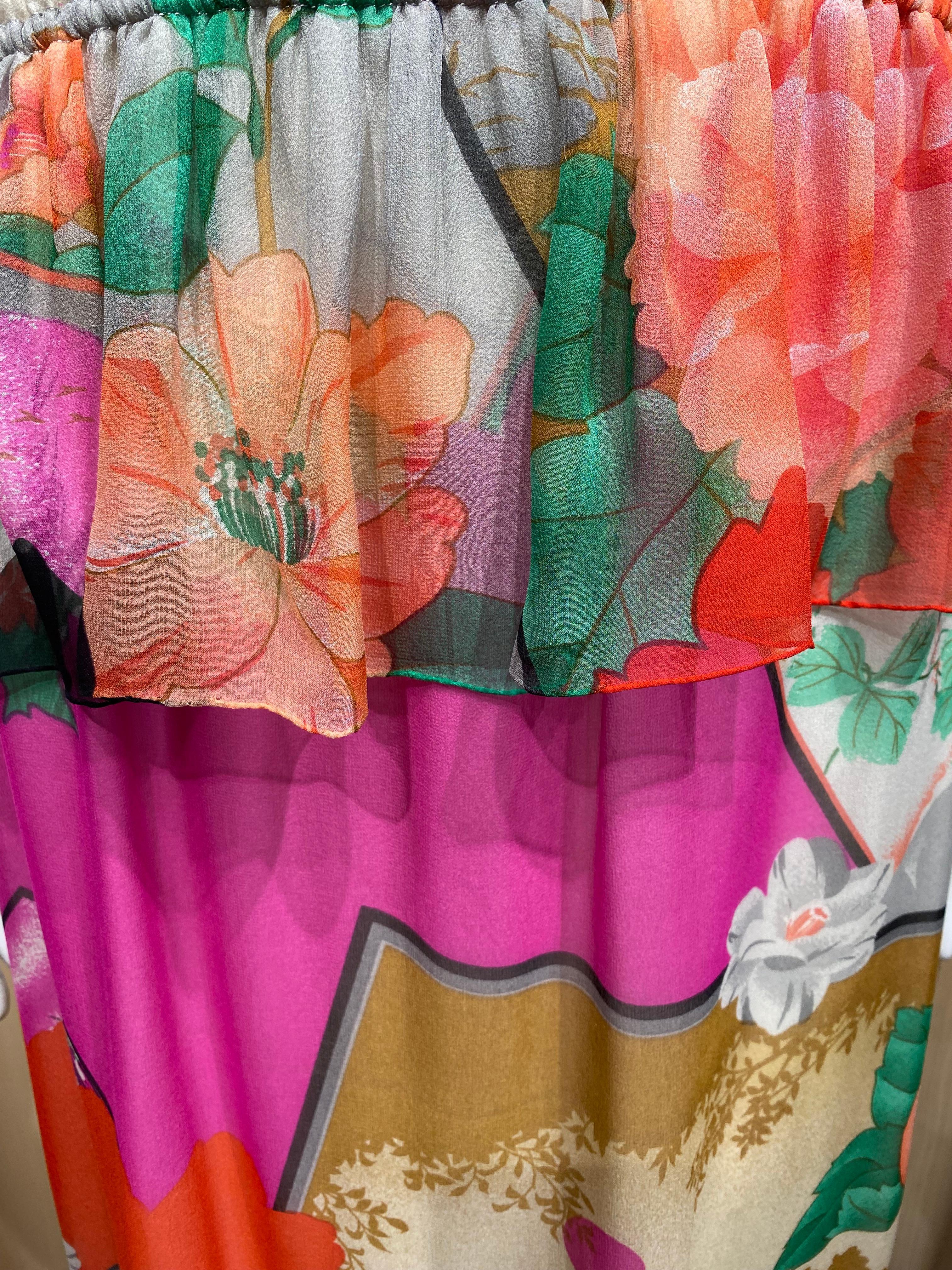 1970s Hanae Mori Cream and multi color floral print silk Dress For Sale 2