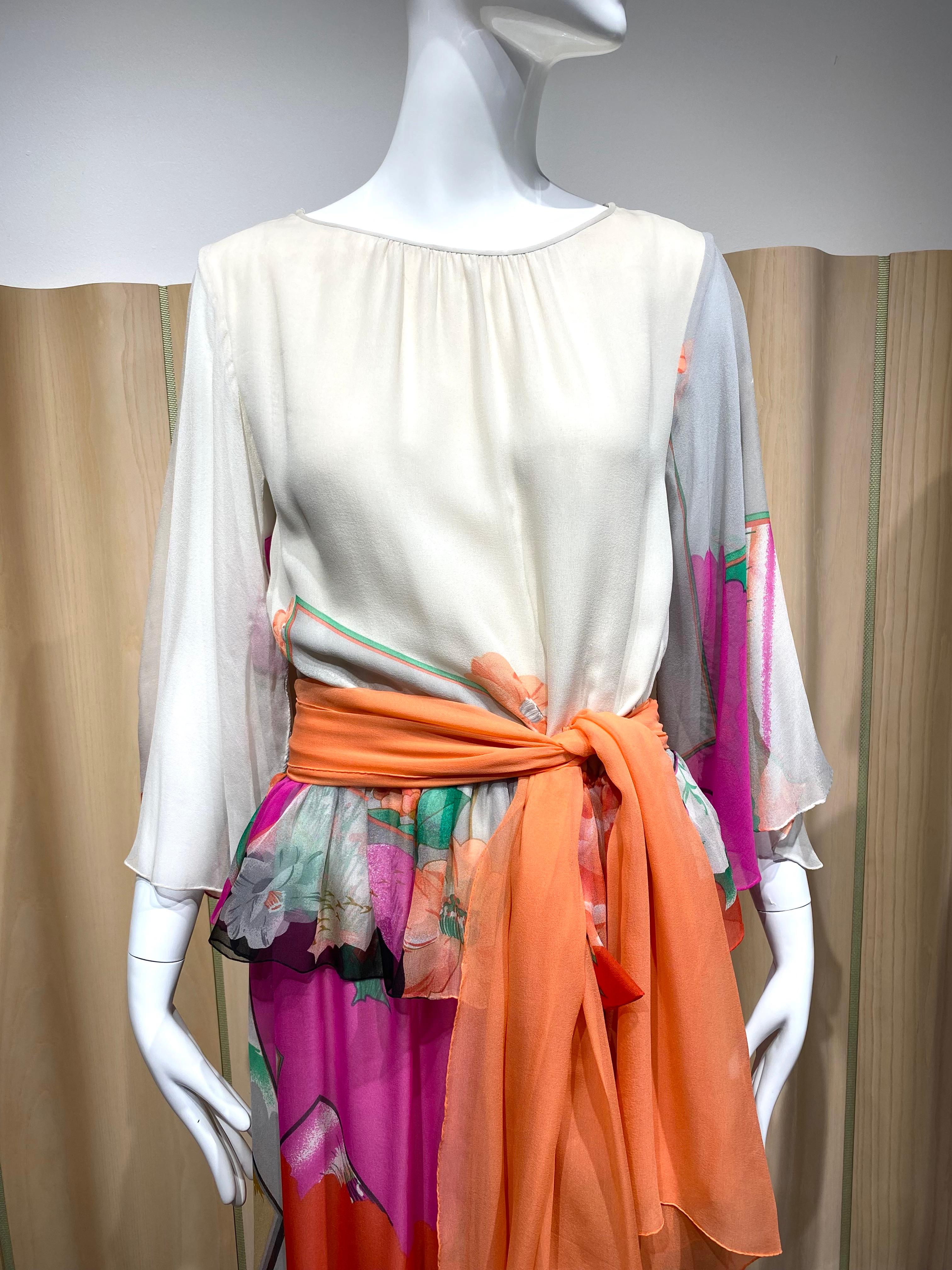 1970s Hanae Mori Cream and multi color floral print silk Dress For Sale 2