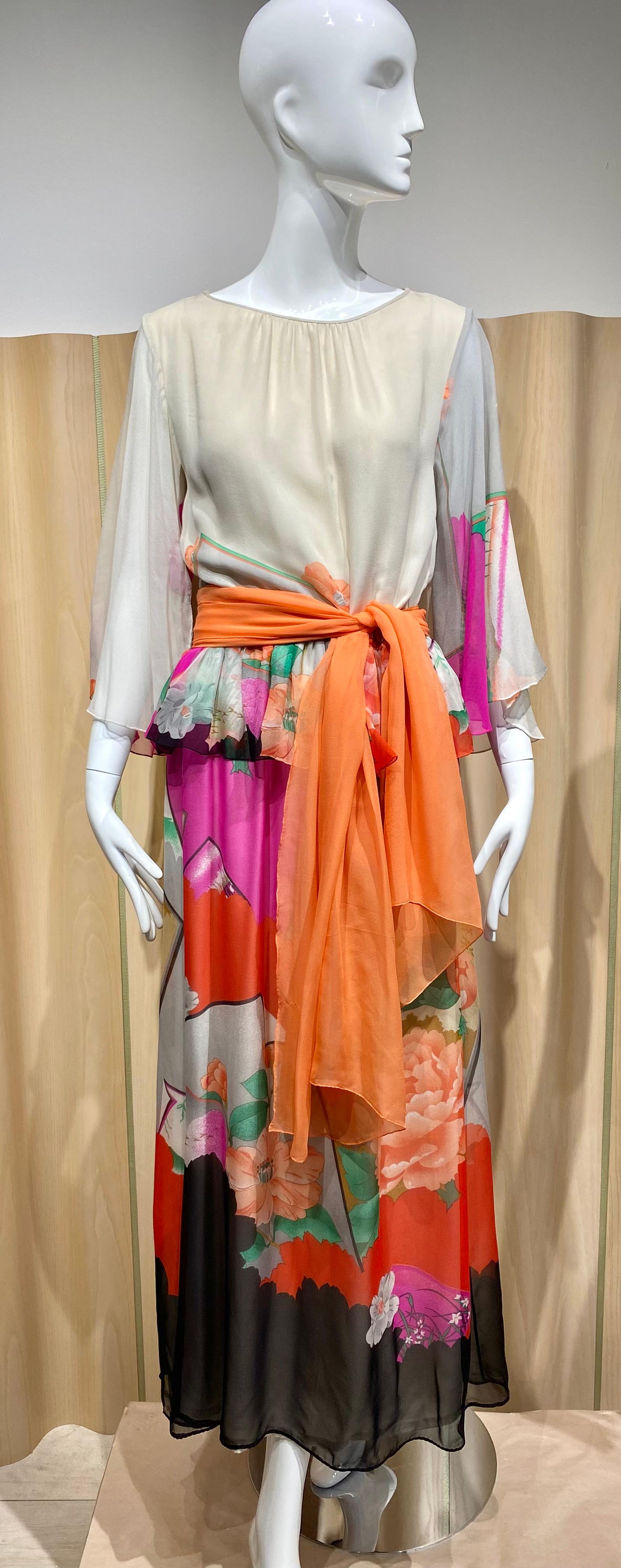1970s Hanae Mori Cream and multi color floral print silk Dress For Sale 4