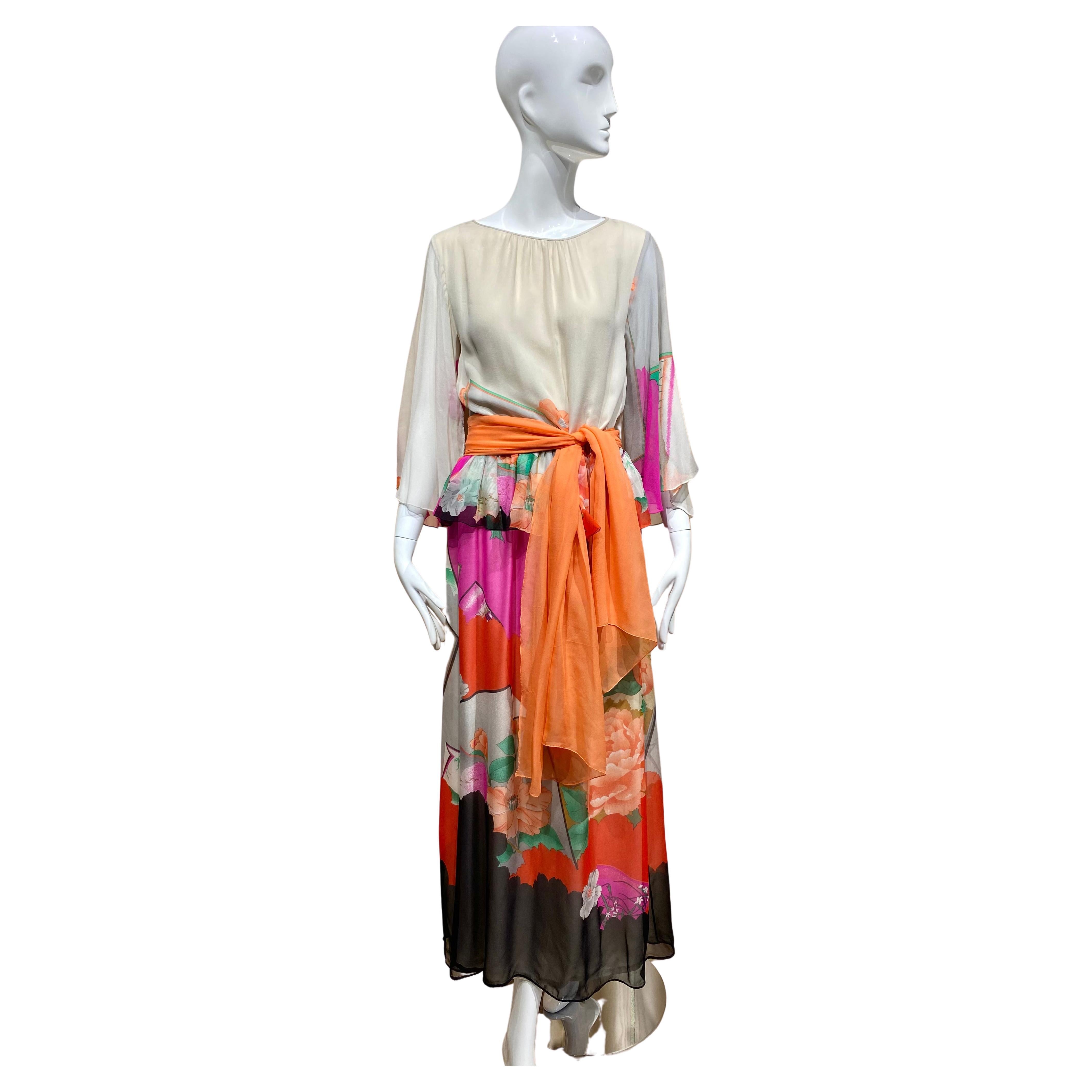 1970s Hanae Mori Cream and multi color floral print silk Dress For Sale