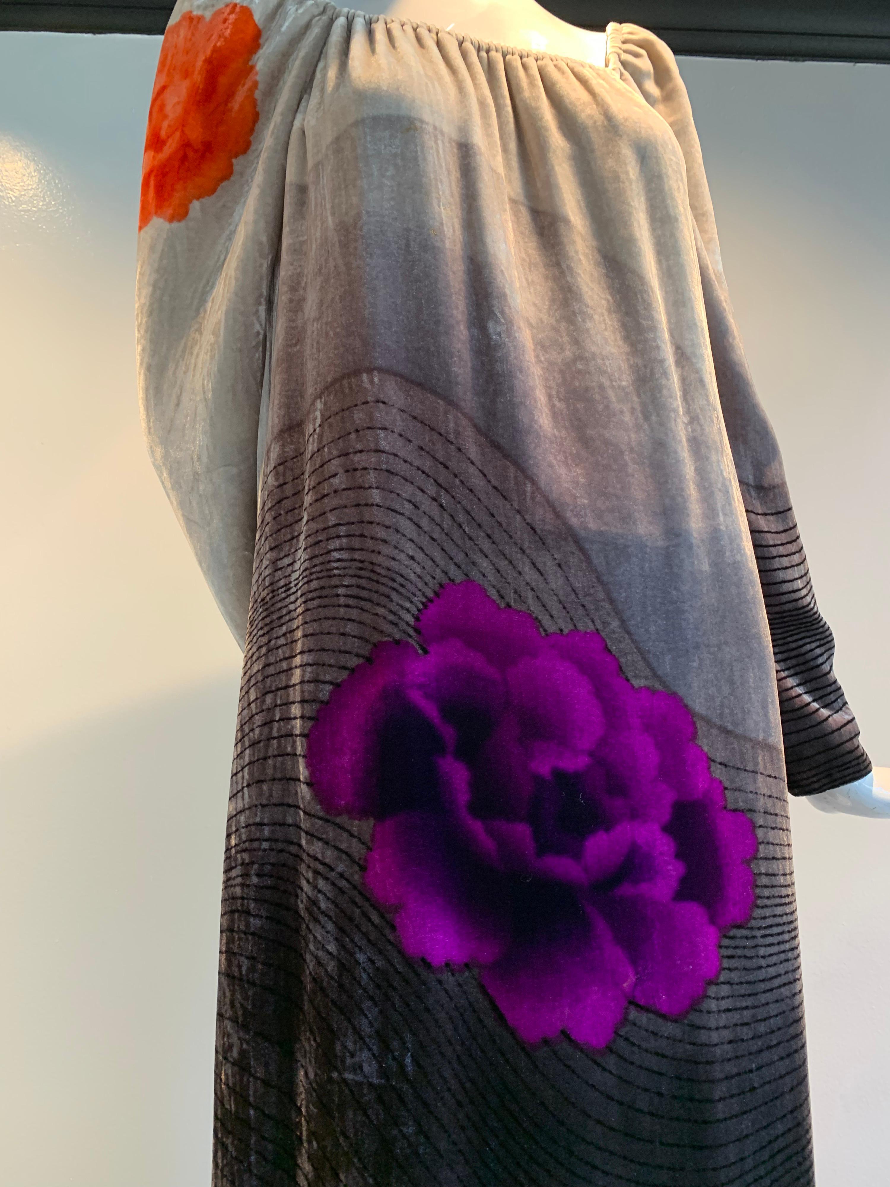 1970s Hanae Mori Hand-Painted Silk Velvet Ombré Gown W/ Purple & Red Peonies   7