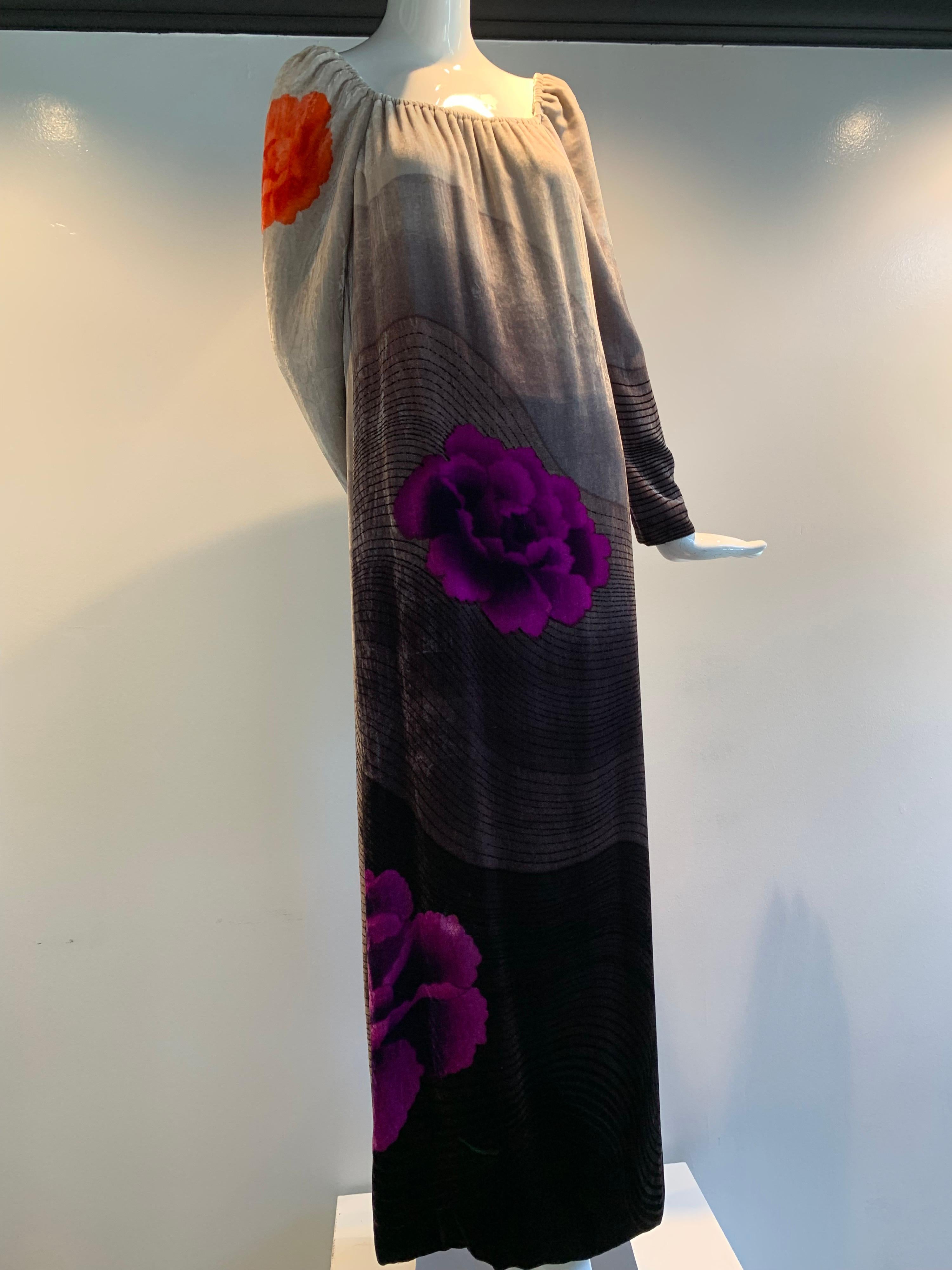 1970s Hanae Mori Hand-Painted Silk Velvet Ombré Gown W/ Purple & Red Peonies   8