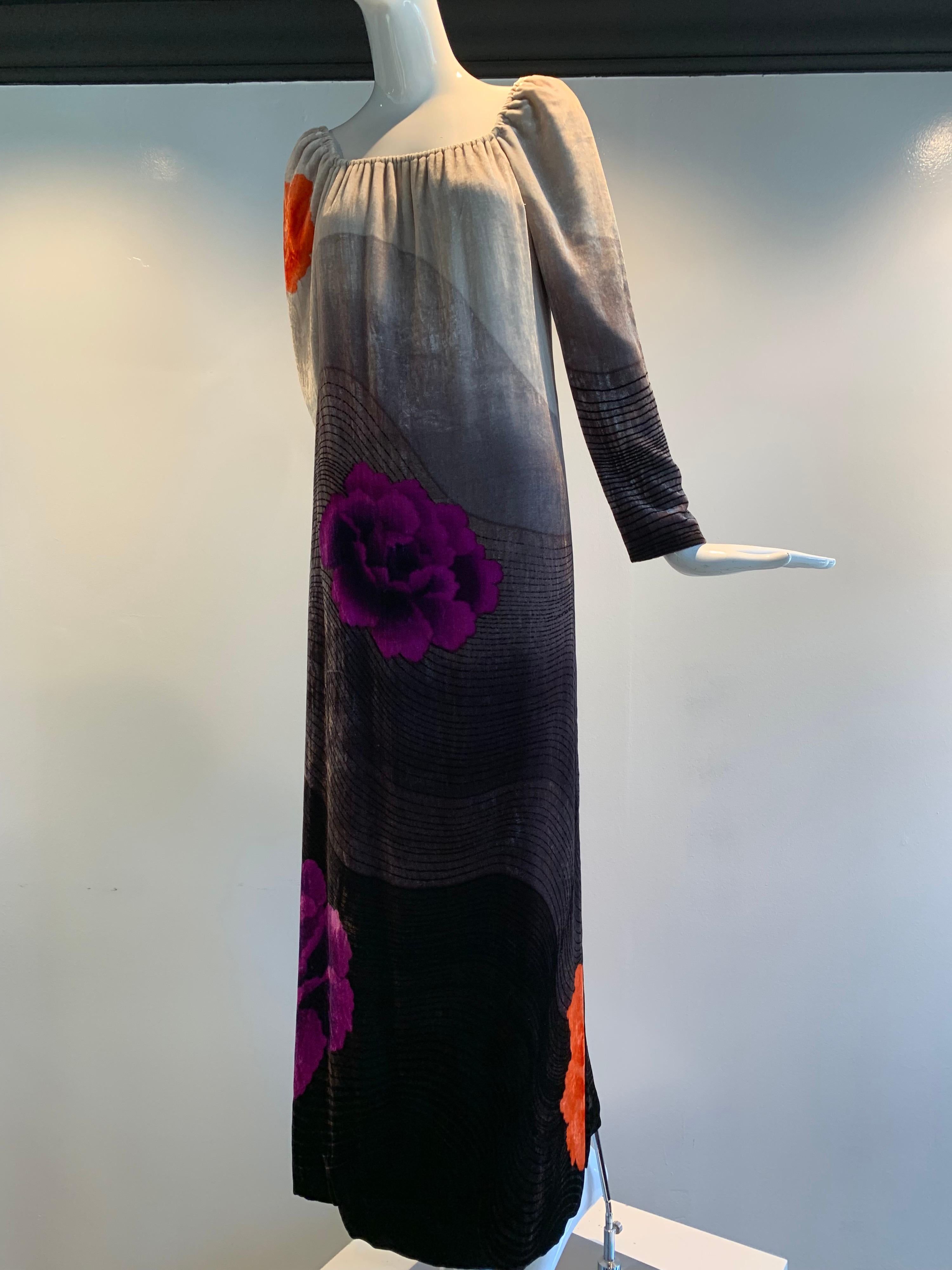 1970s Hanae Mori Hand-Painted Silk Velvet Ombré Gown W/ Purple & Red Peonies   1