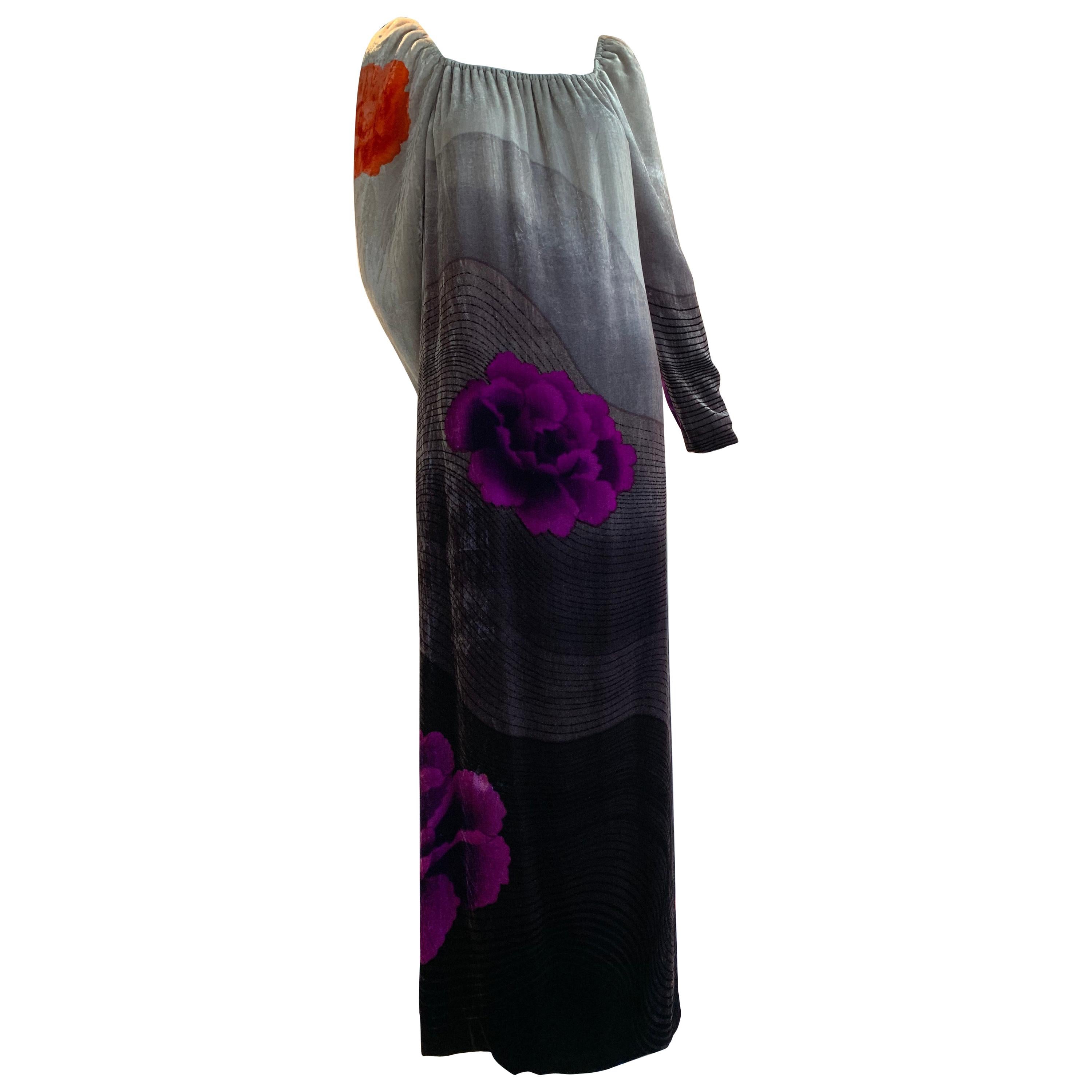 1970s Hanae Mori Hand-Painted Silk Velvet Ombré Gown W/ Purple & Red Peonies  