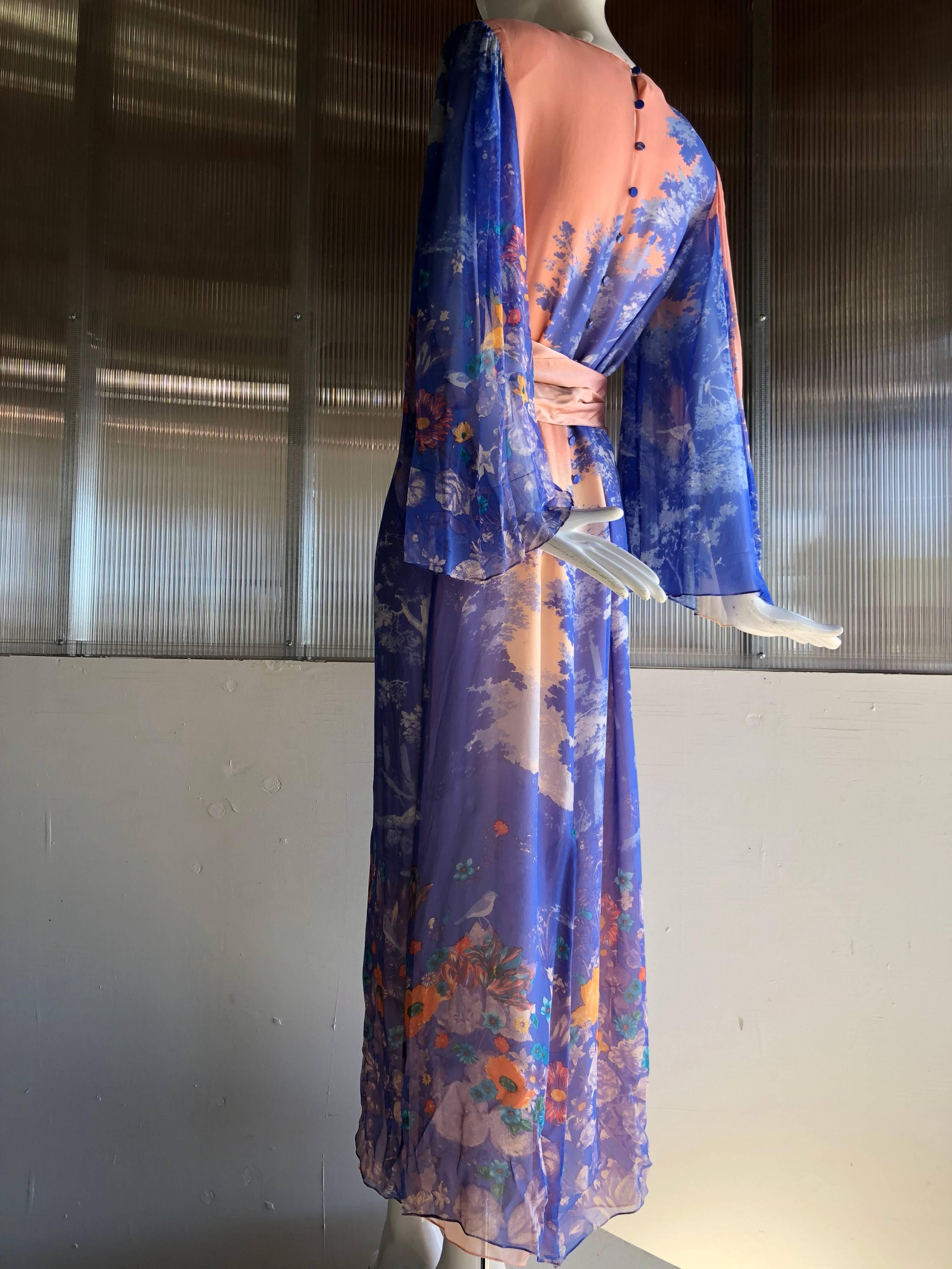 Hanae Mori Printed Silk Chiffon Maxi Dress With Japanese Meadow Print, 1970s  In Excellent Condition In Gresham, OR