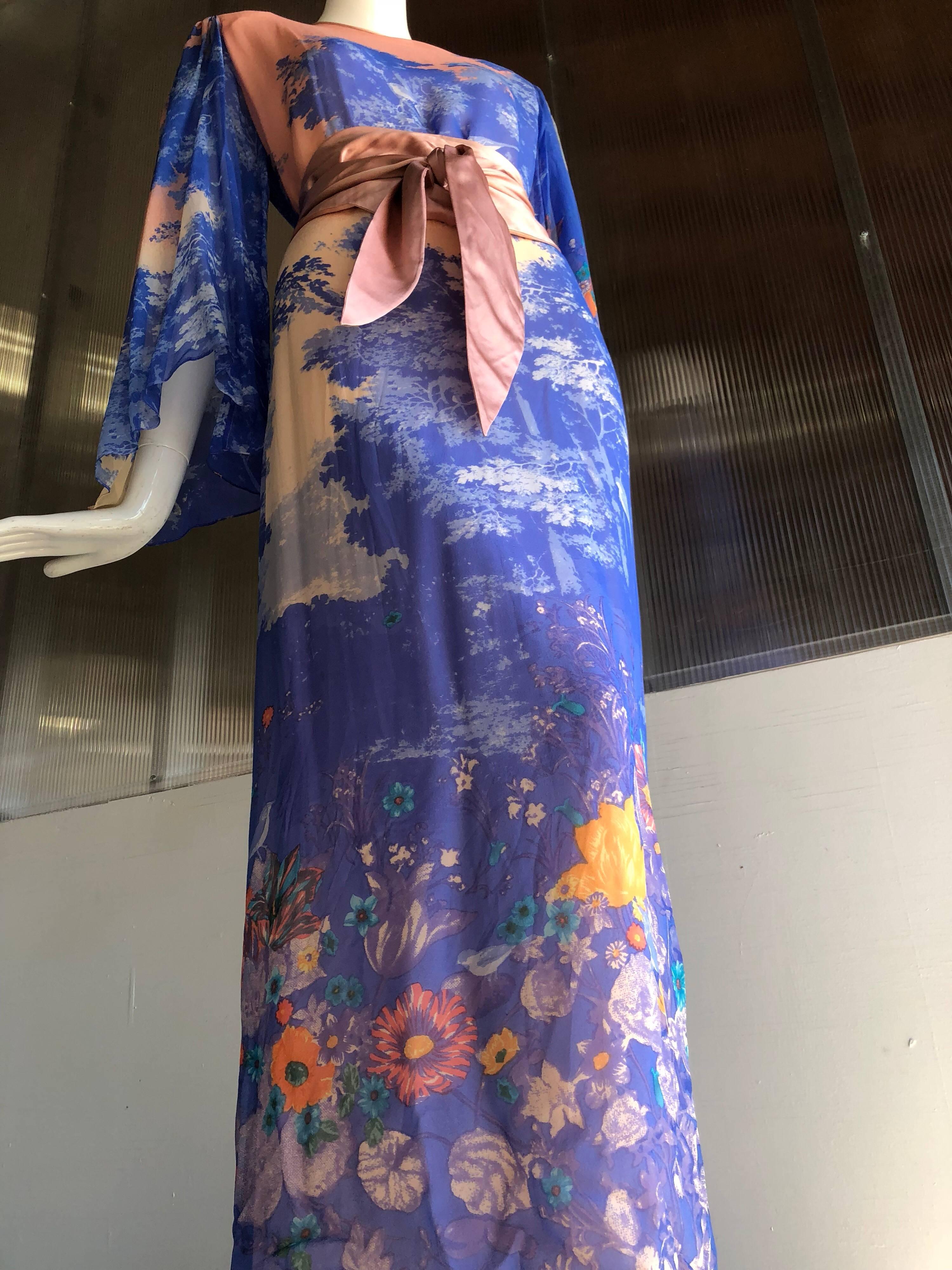 Women's Hanae Mori Printed Silk Chiffon Maxi Dress With Japanese Meadow Print, 1970s 