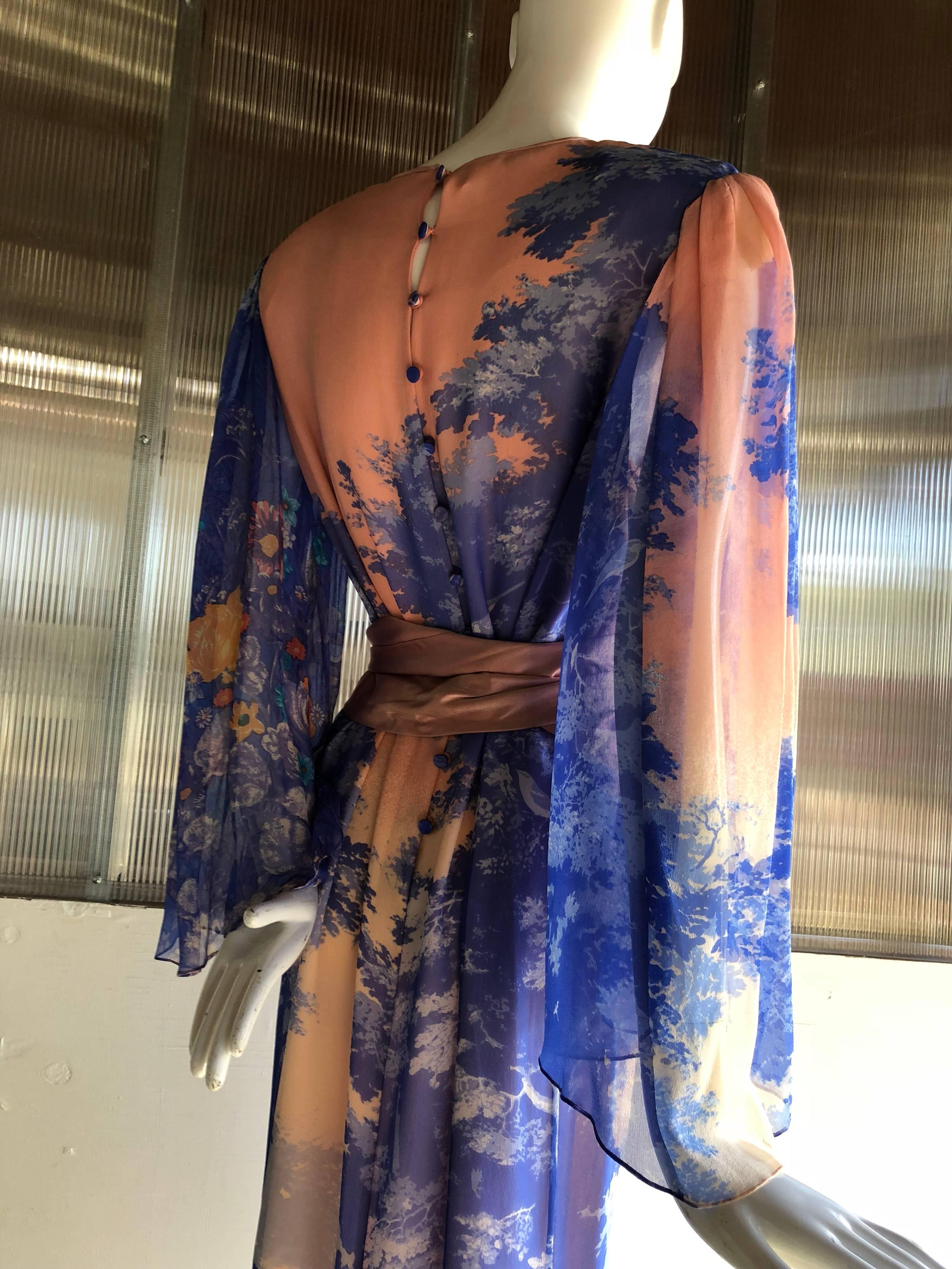 Hanae Mori Printed Silk Chiffon Maxi Dress With Japanese Meadow Print, 1970s  1