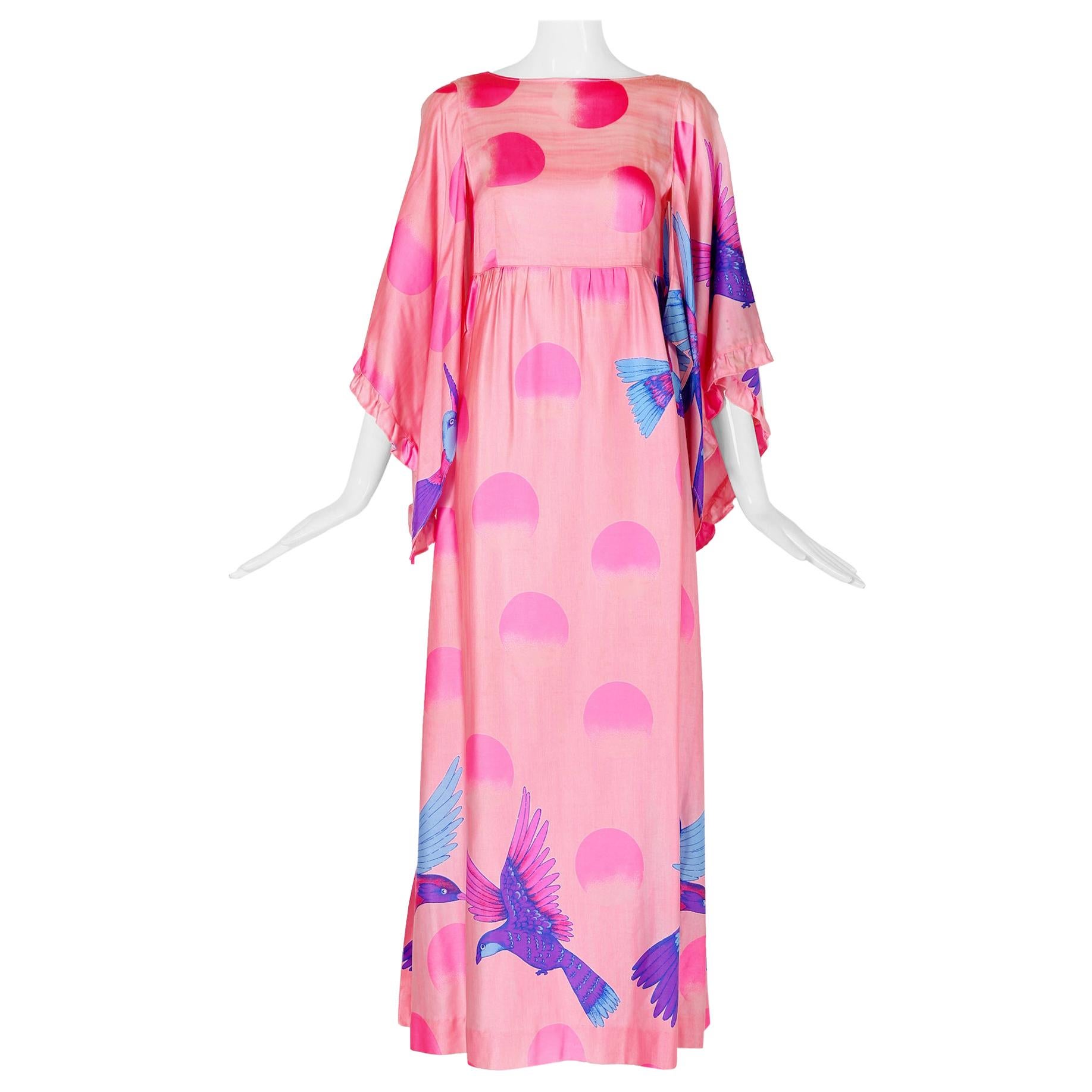 Hanae Mori Couture Fall 1973 Runway Pastel Coral Bird Print Silk Chiffon Ruffled Caftan Dress