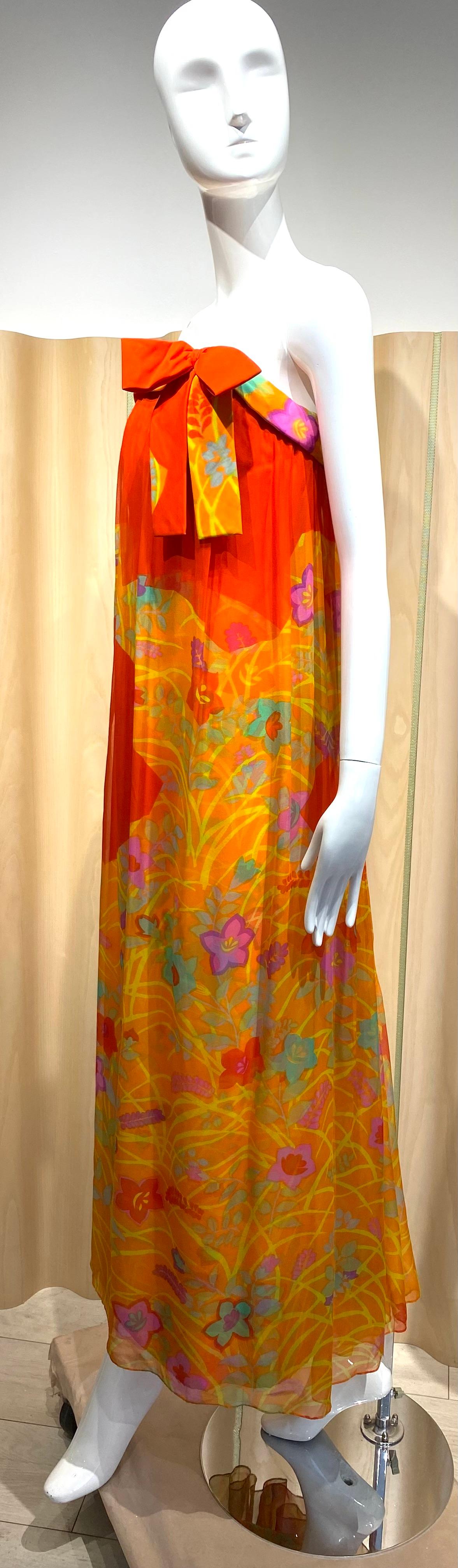 1960s Hanae Mori Tangerine Silk Print Strapless Dress With Shawl For Sale 1