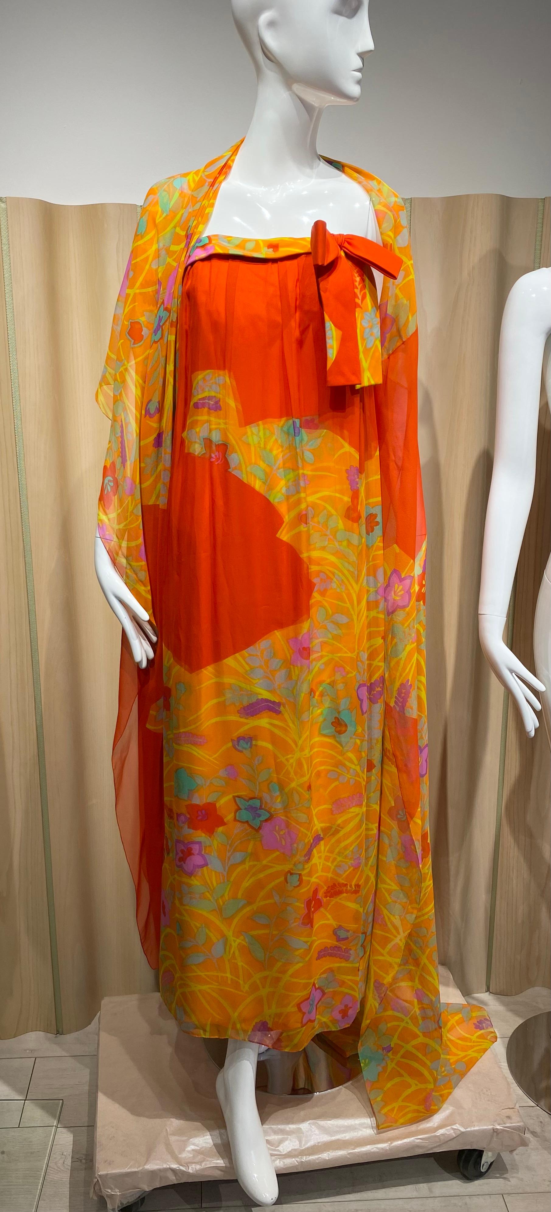 1960s Hanae Mori Tangerine Silk Print Strapless Dress With Shawl For Sale 2