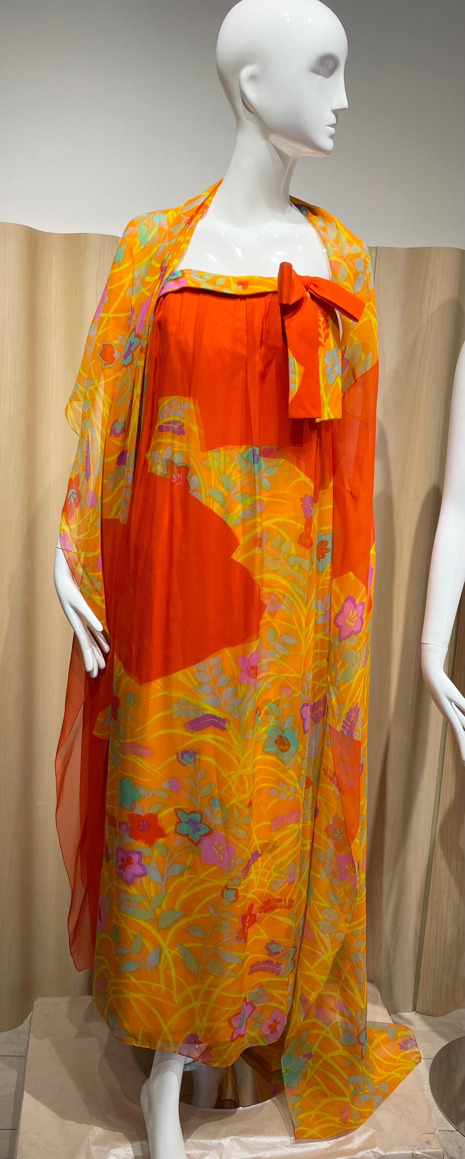 1960s Hanae Mori Tangerine Silk Print Strapless Dress With Shawl For Sale 4