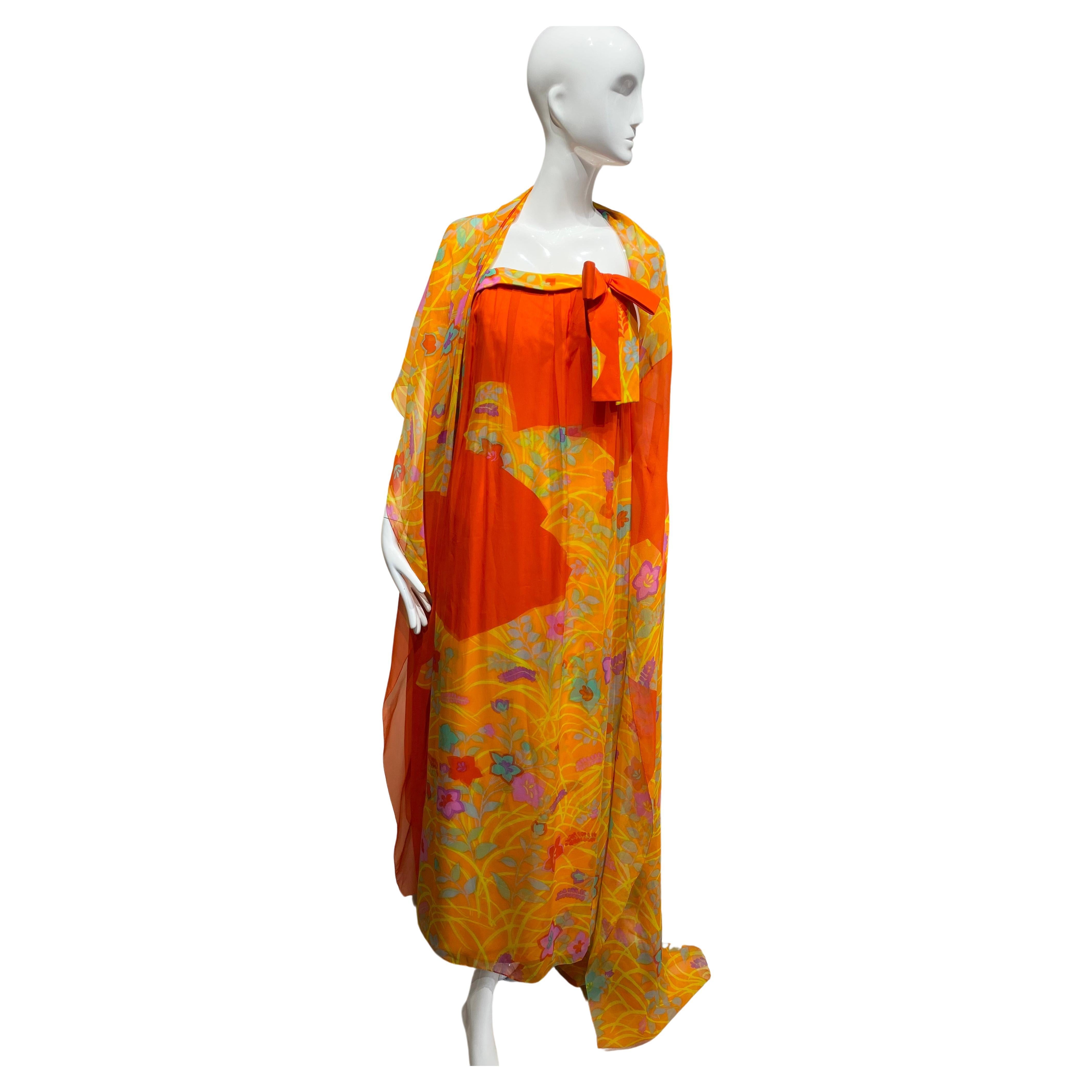 1960s Hanae Mori Tangerine Silk Print Strapless Dress With Shawl For Sale