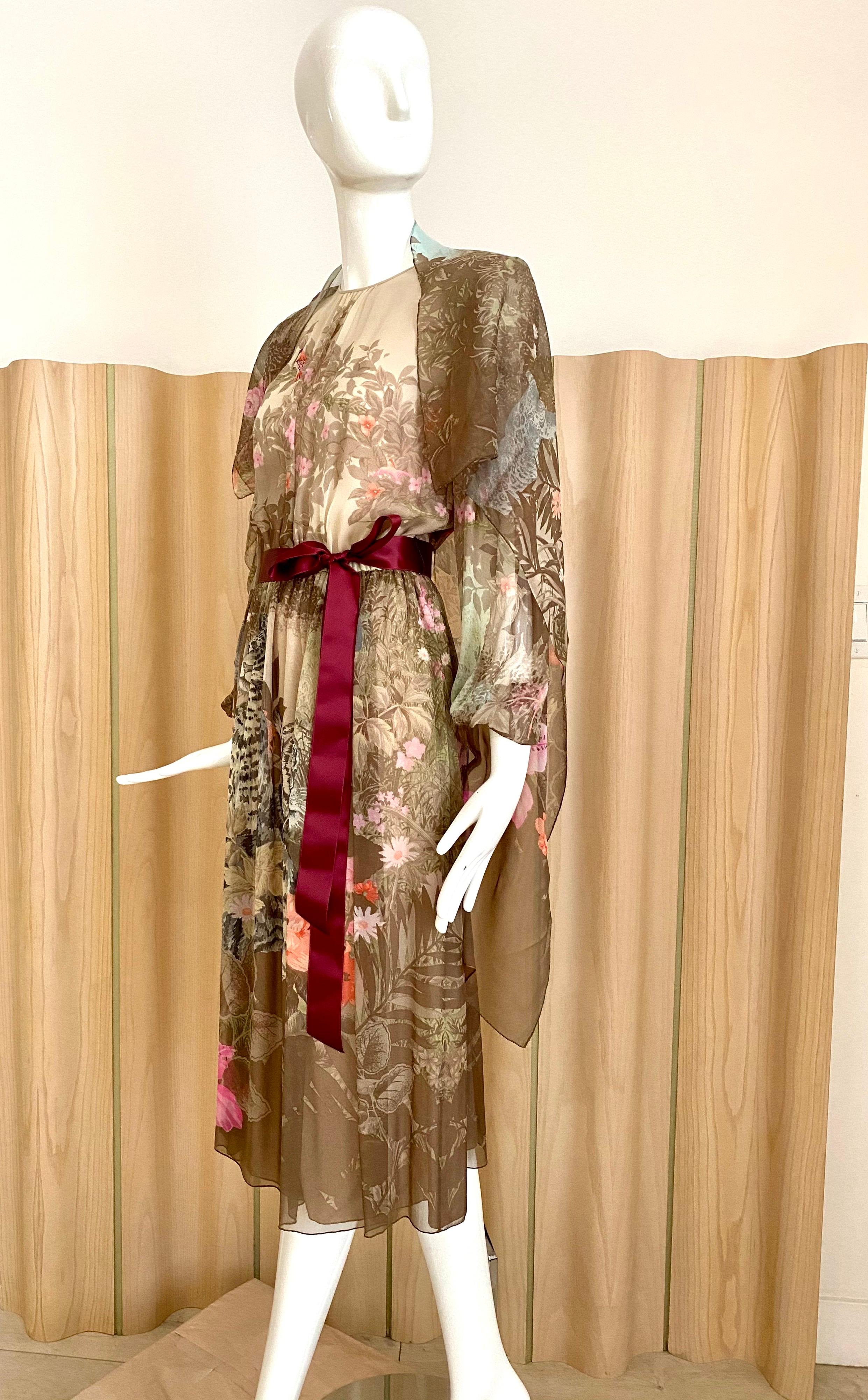 Brown 1970s Hanae Mori Tiger and Floral Print Silk Dress