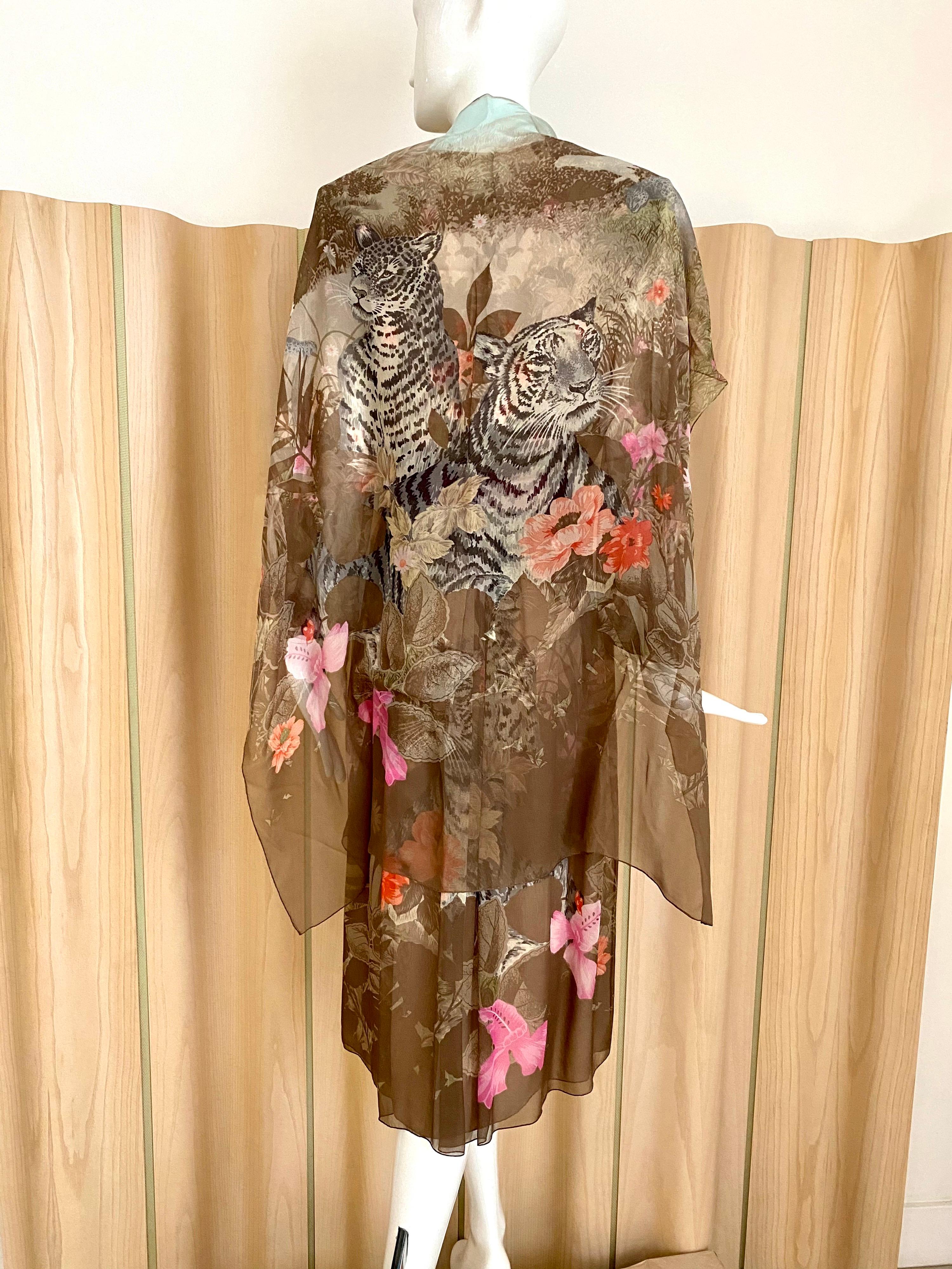 Women's 1970s Hanae Mori Tiger and Floral Print Silk Dress