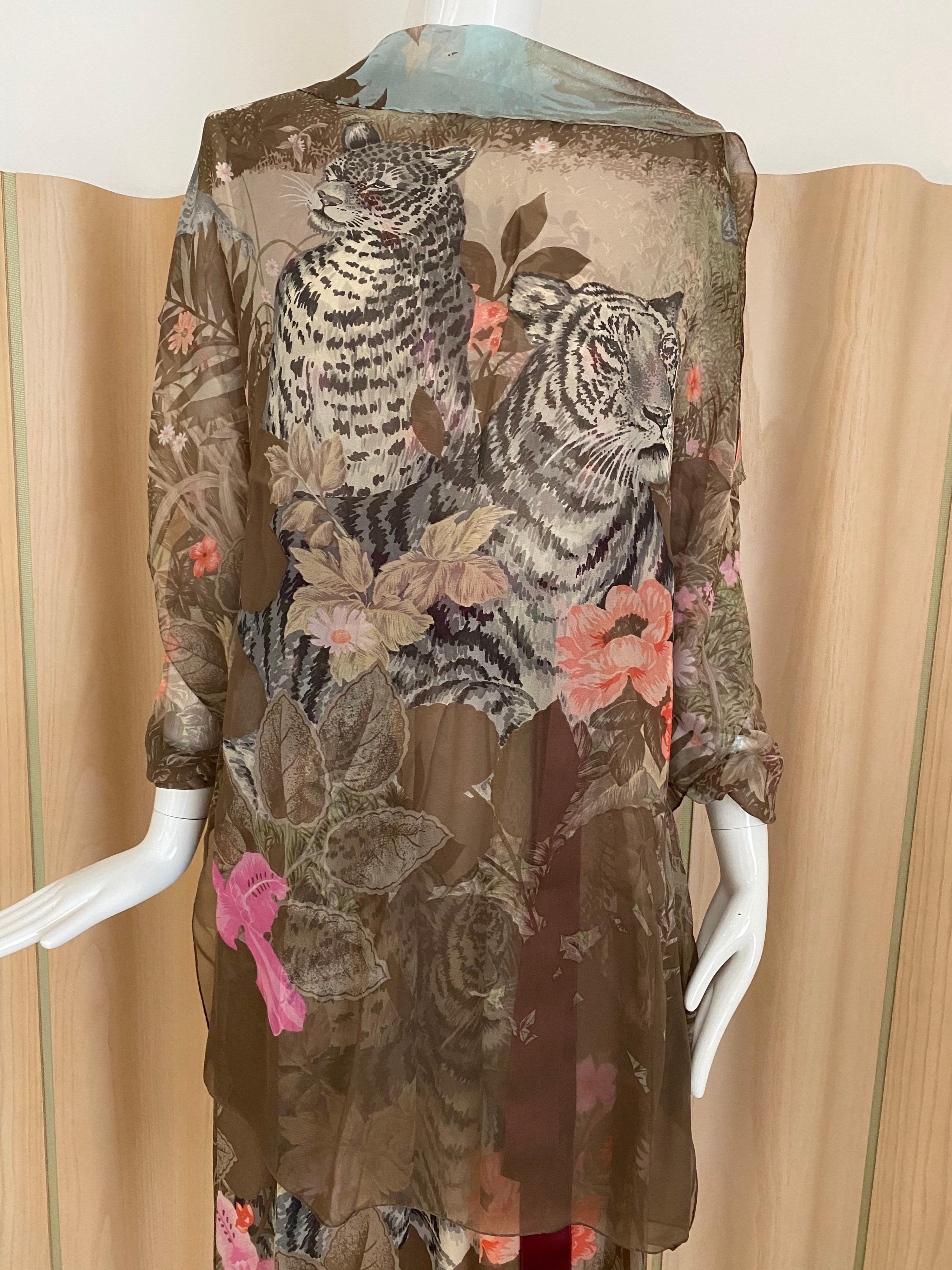 1970s Hanae Mori Tiger and Floral Print Silk Dress 1