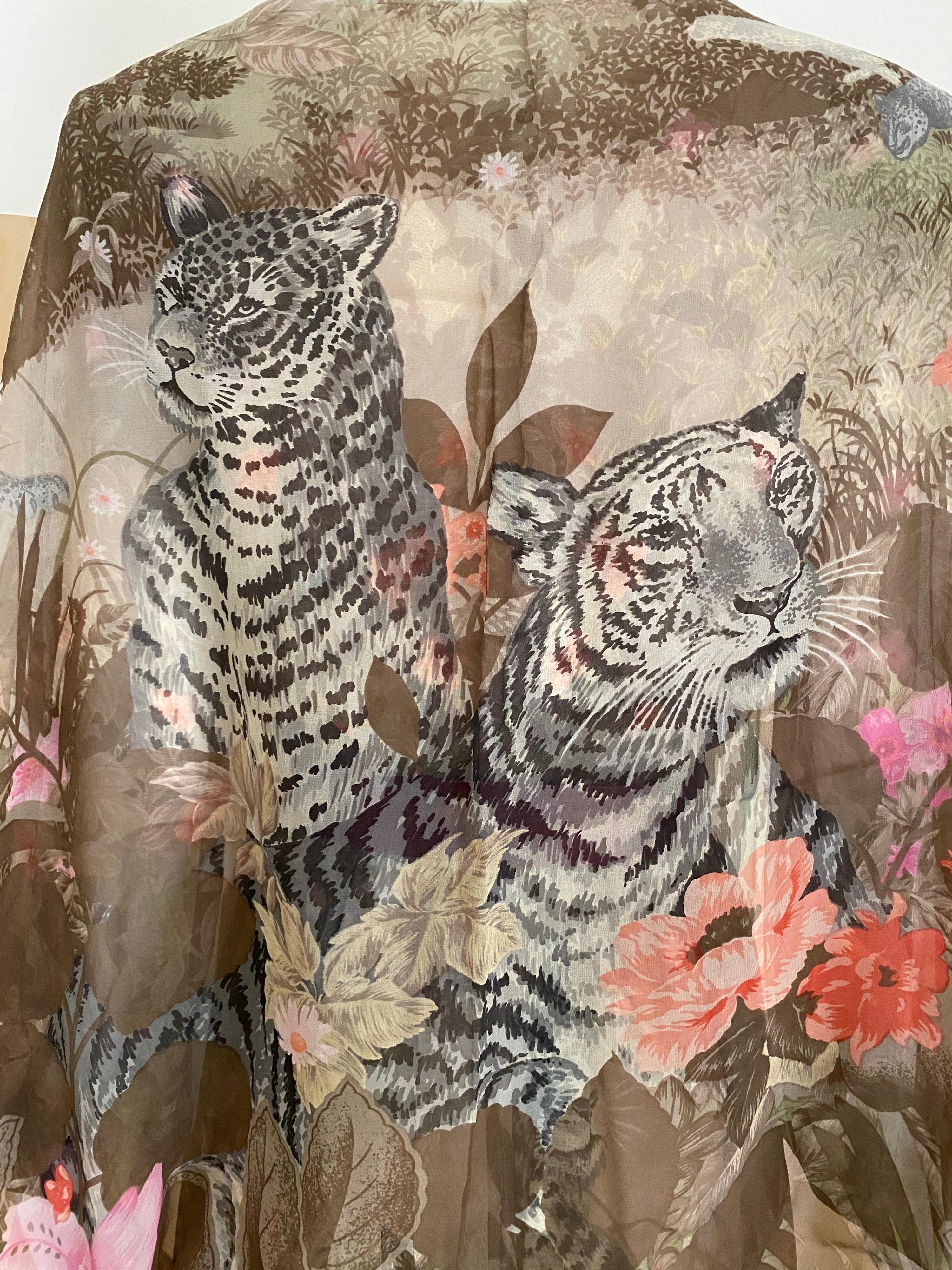 1970s Hanae Mori Tiger and Floral Print Silk Dress 2
