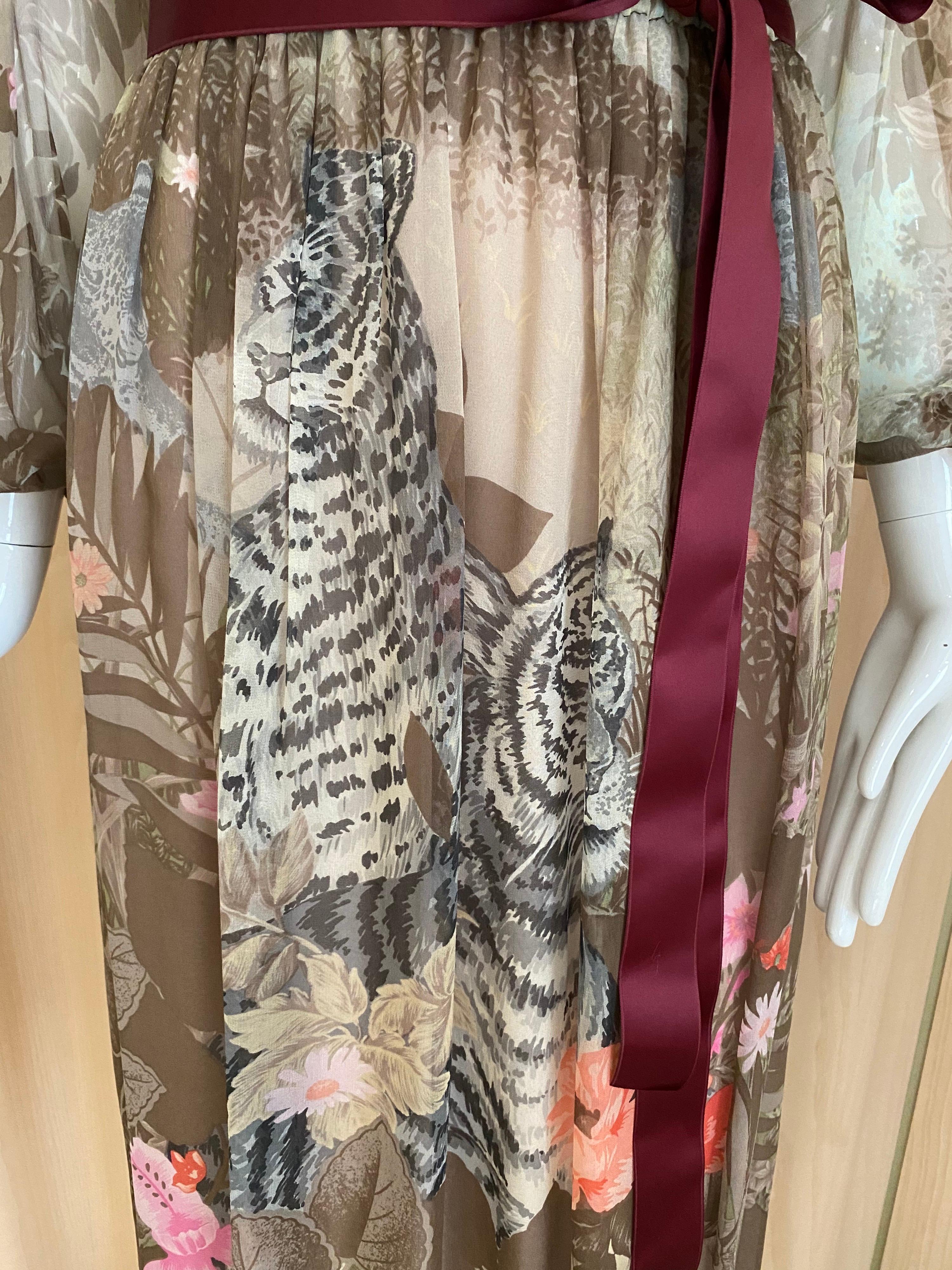 1970s Hanae Mori Tiger and Floral Print Silk Dress 3