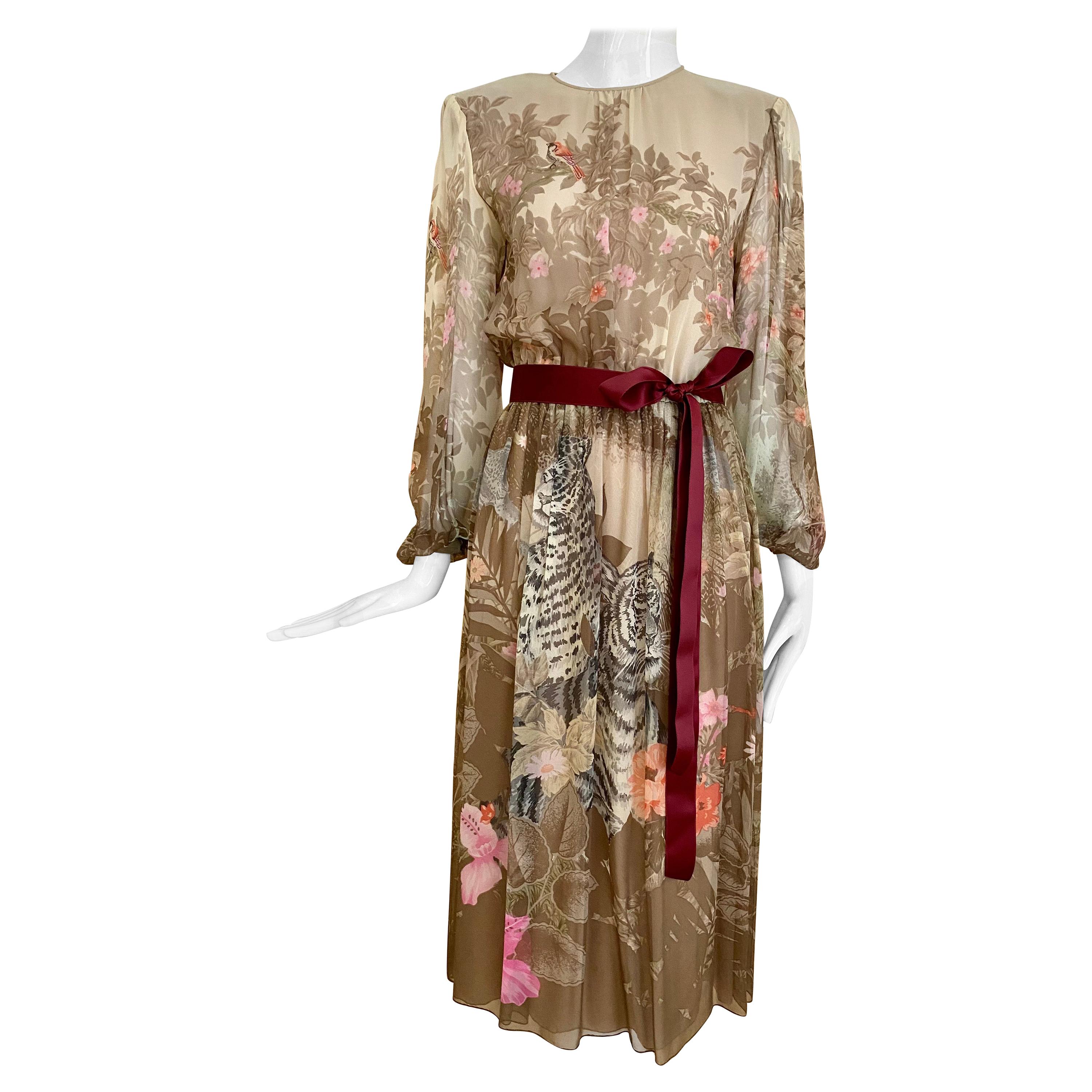 1970s Hanae Mori Tiger and Floral Print Silk Dress
