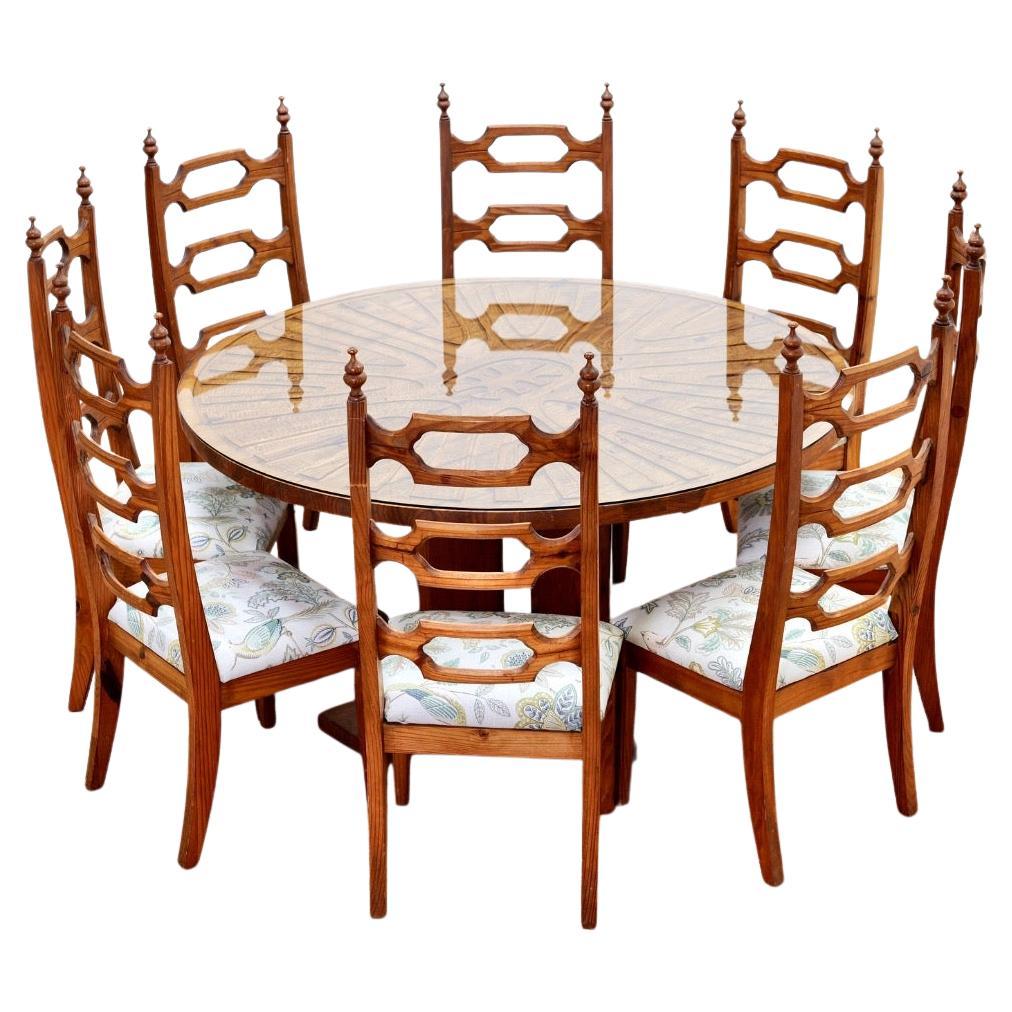 1970s Hand Carved Brutalist Dining Table
Chairs by Aquarius Enterprises