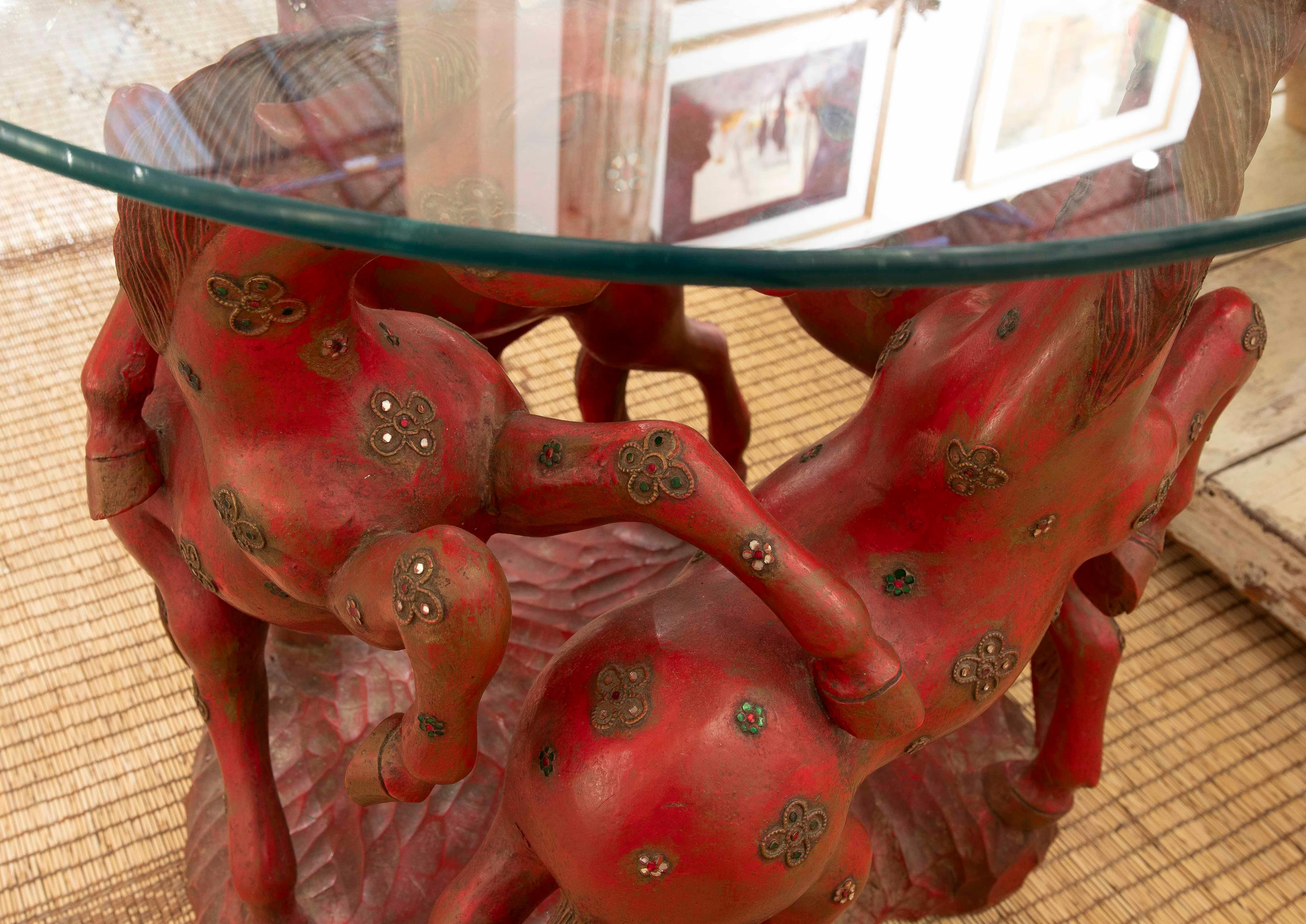 1970s Hand Carved in Wood and Inlaid Round Side Table with Red Horses 4