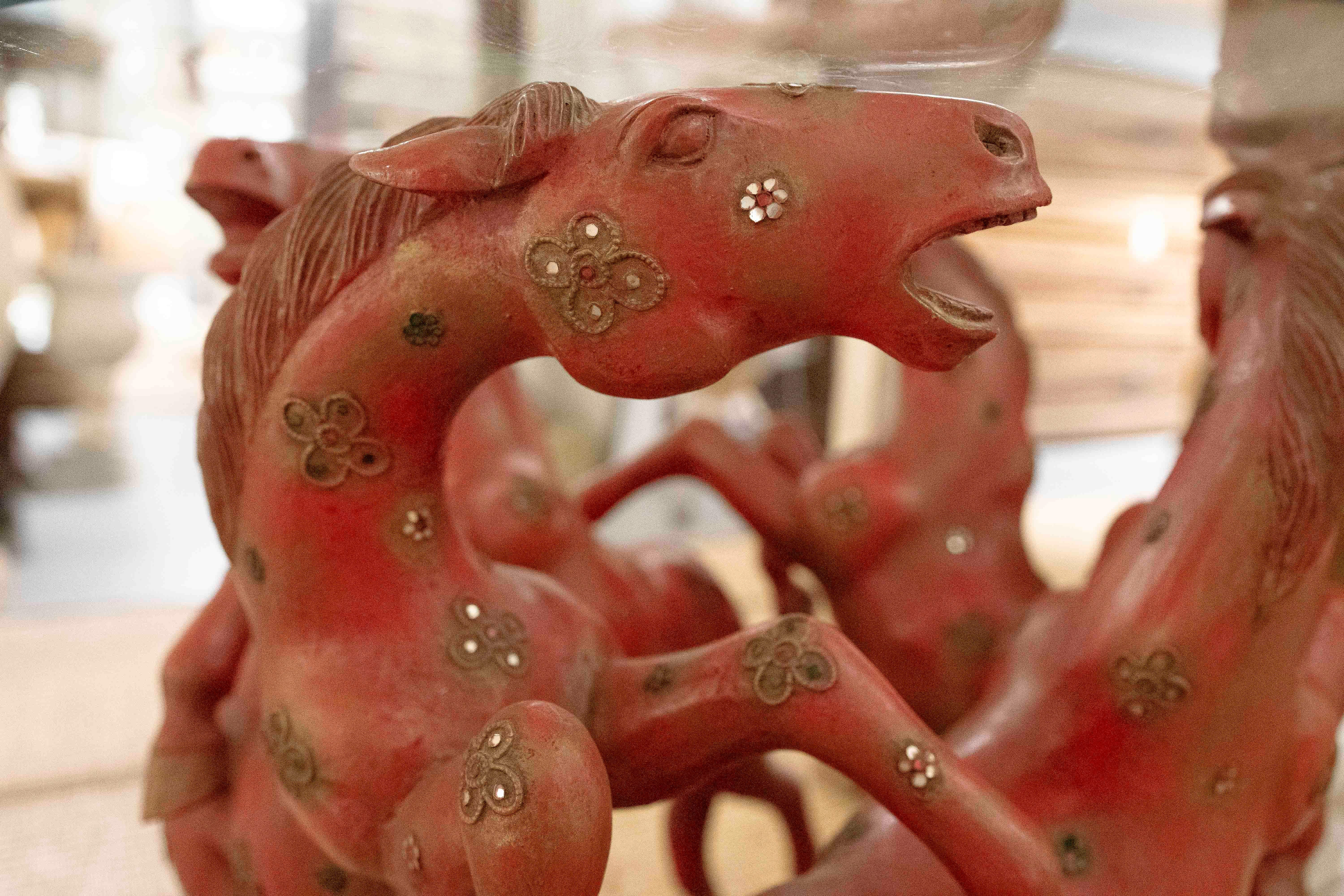 1970s Hand Carved in Wood and Inlaid Round Side Table with Red Horses 6
