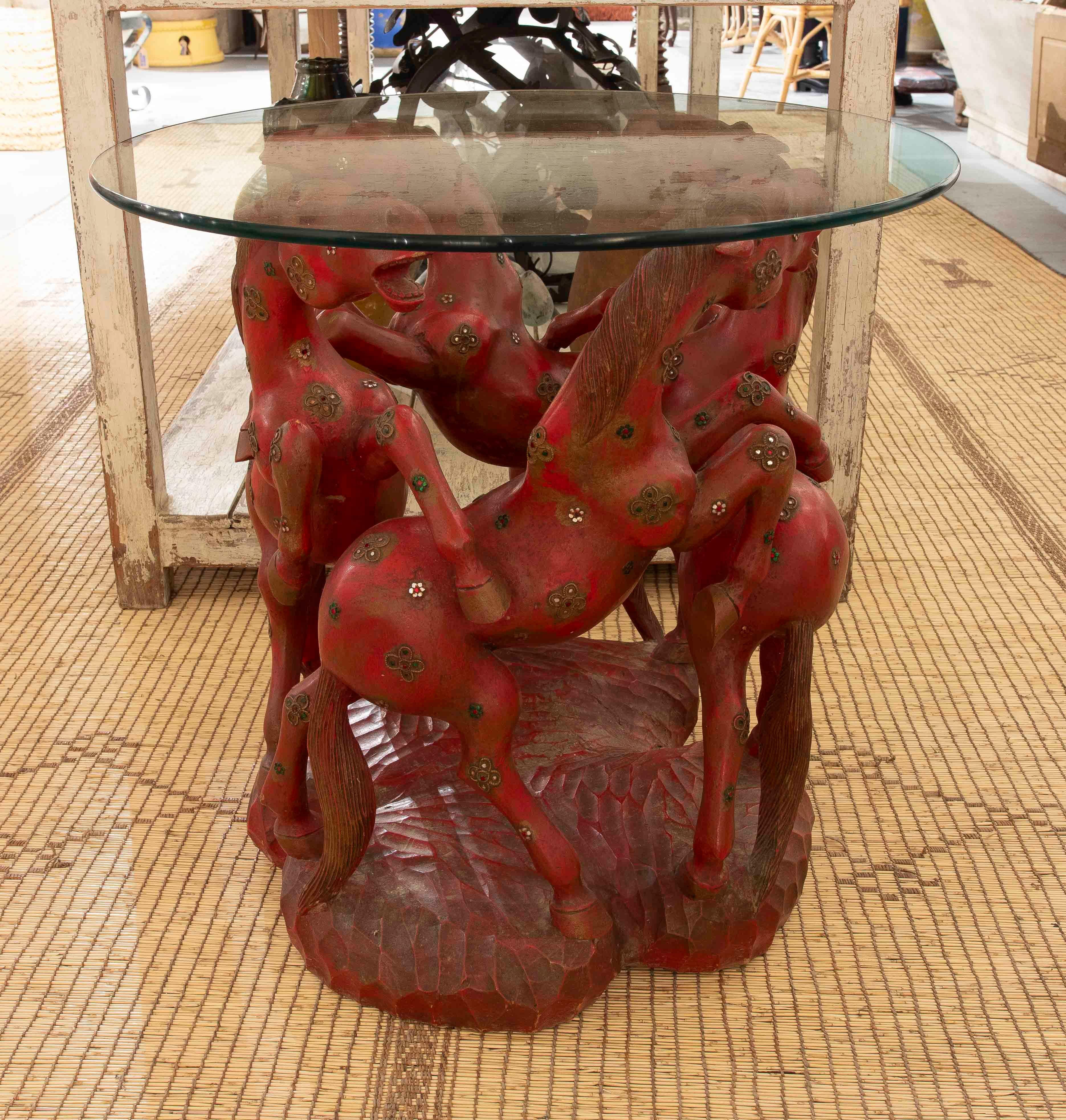 1970s Hand Carved in Wood and Inlaid Round Side Table with Red Horses 