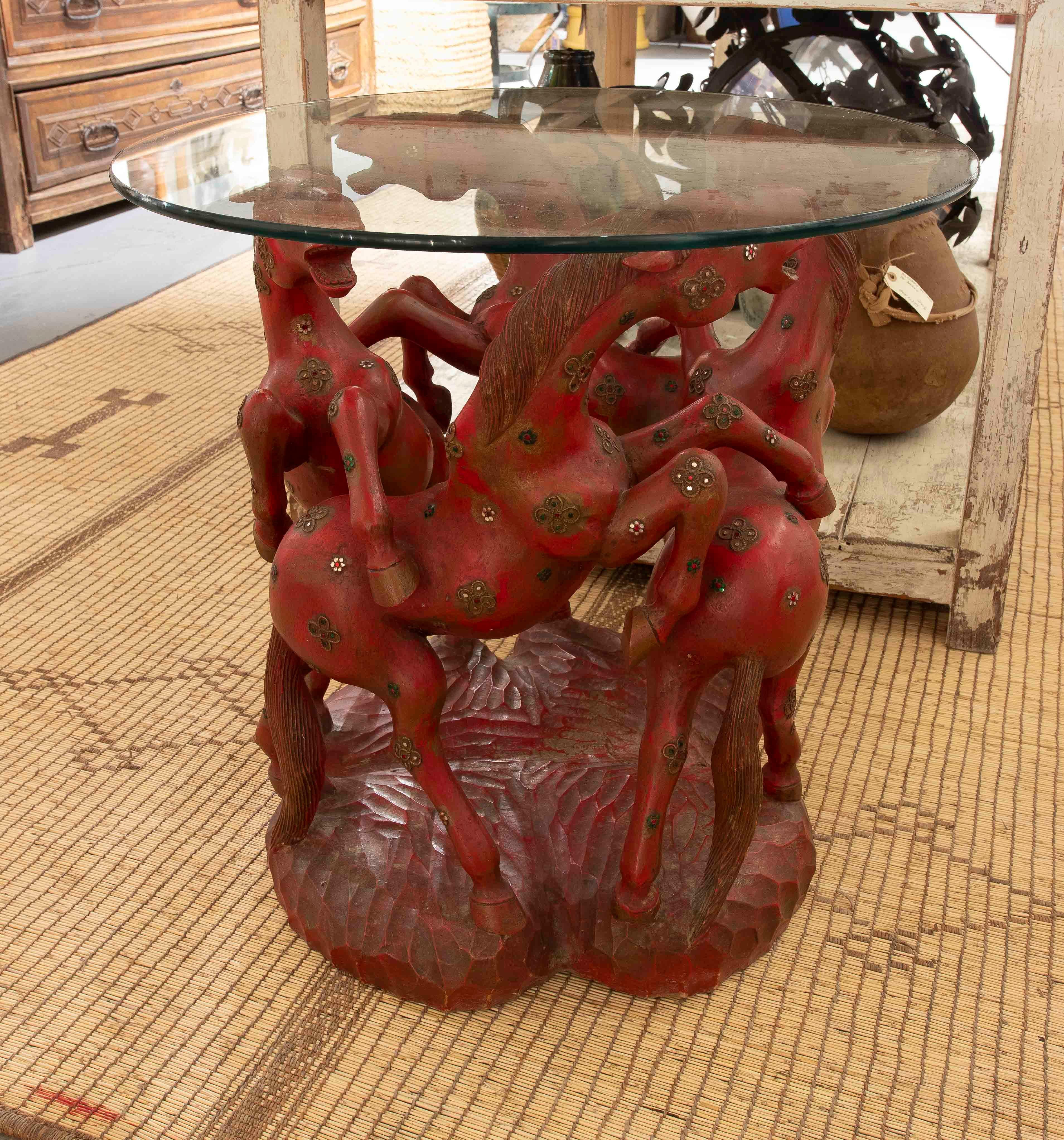 European 1970s Hand Carved in Wood and Inlaid Round Side Table with Red Horses