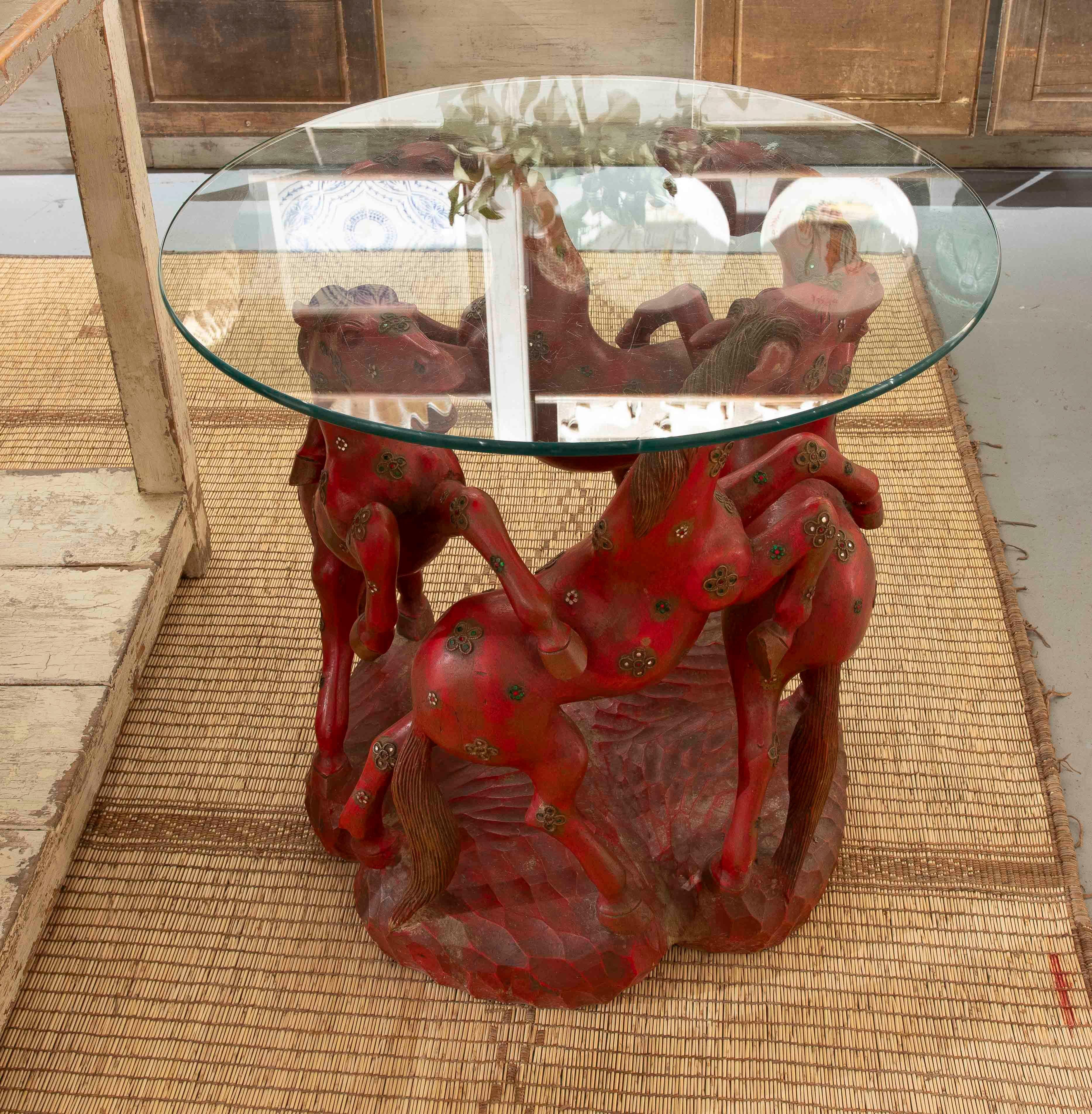 20th Century 1970s Hand Carved in Wood and Inlaid Round Side Table with Red Horses