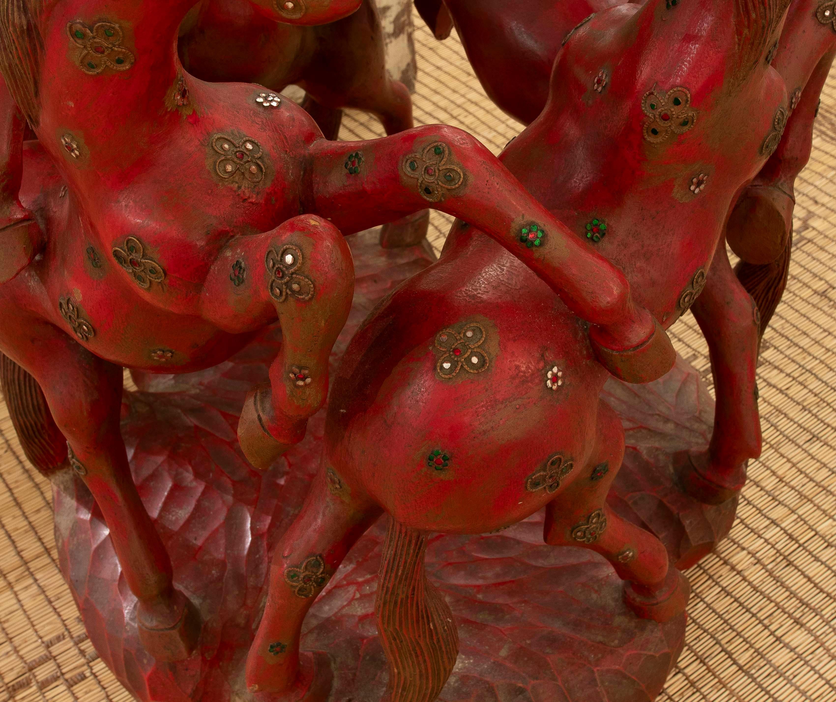 1970s Hand Carved in Wood and Inlaid Round Side Table with Red Horses 1