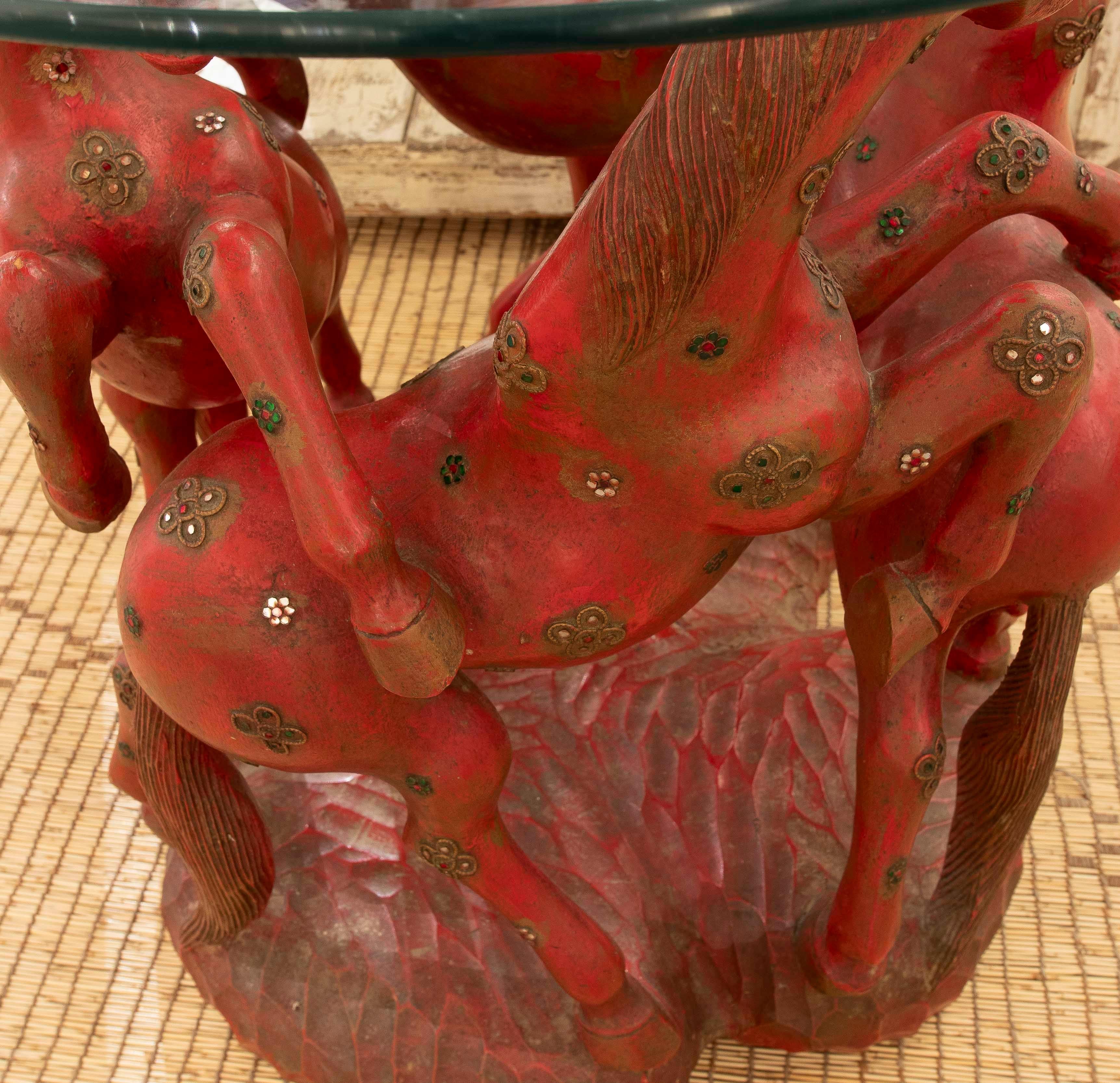 1970s Hand Carved in Wood and Inlaid Round Side Table with Red Horses 2