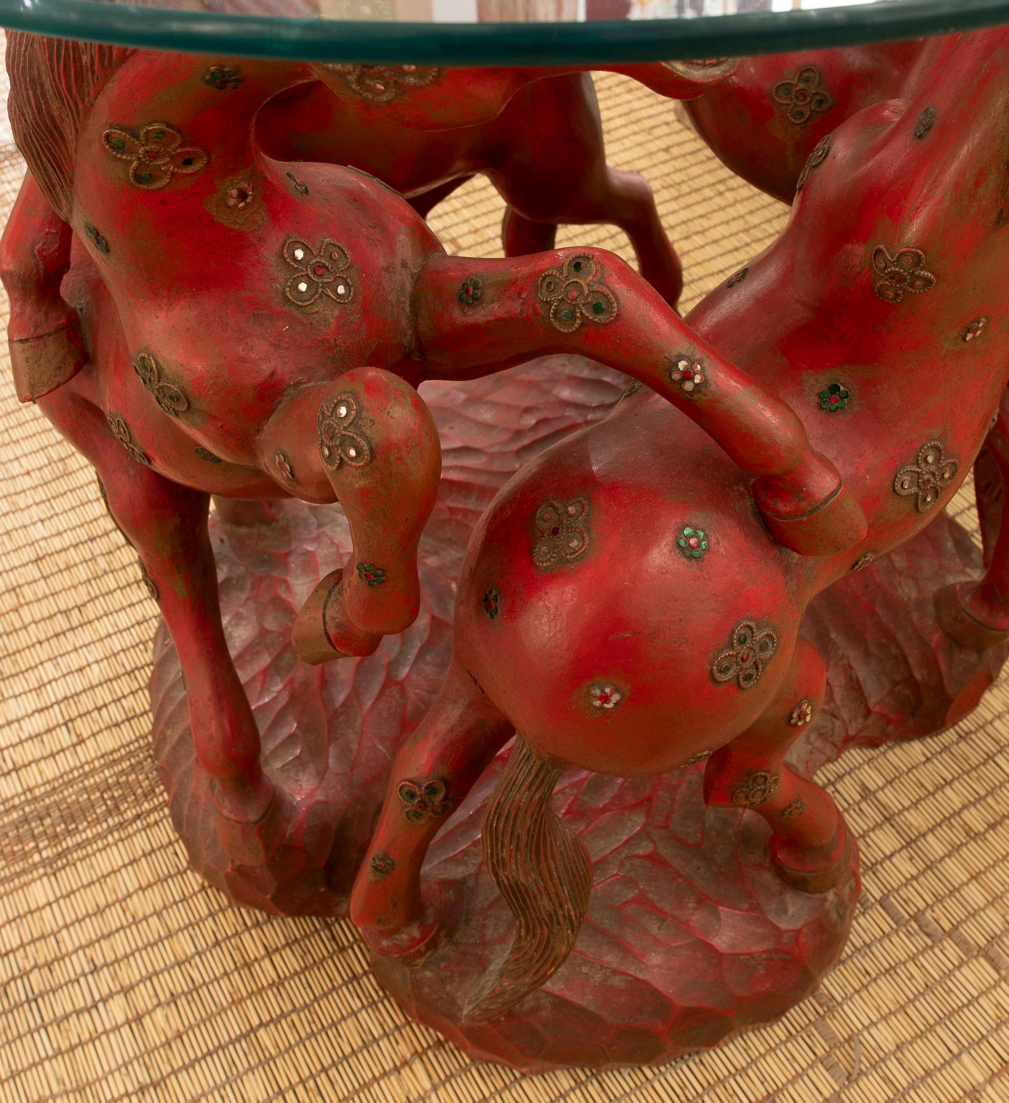 1970s Hand Carved in Wood and Inlaid Round Side Table with Red Horses 3