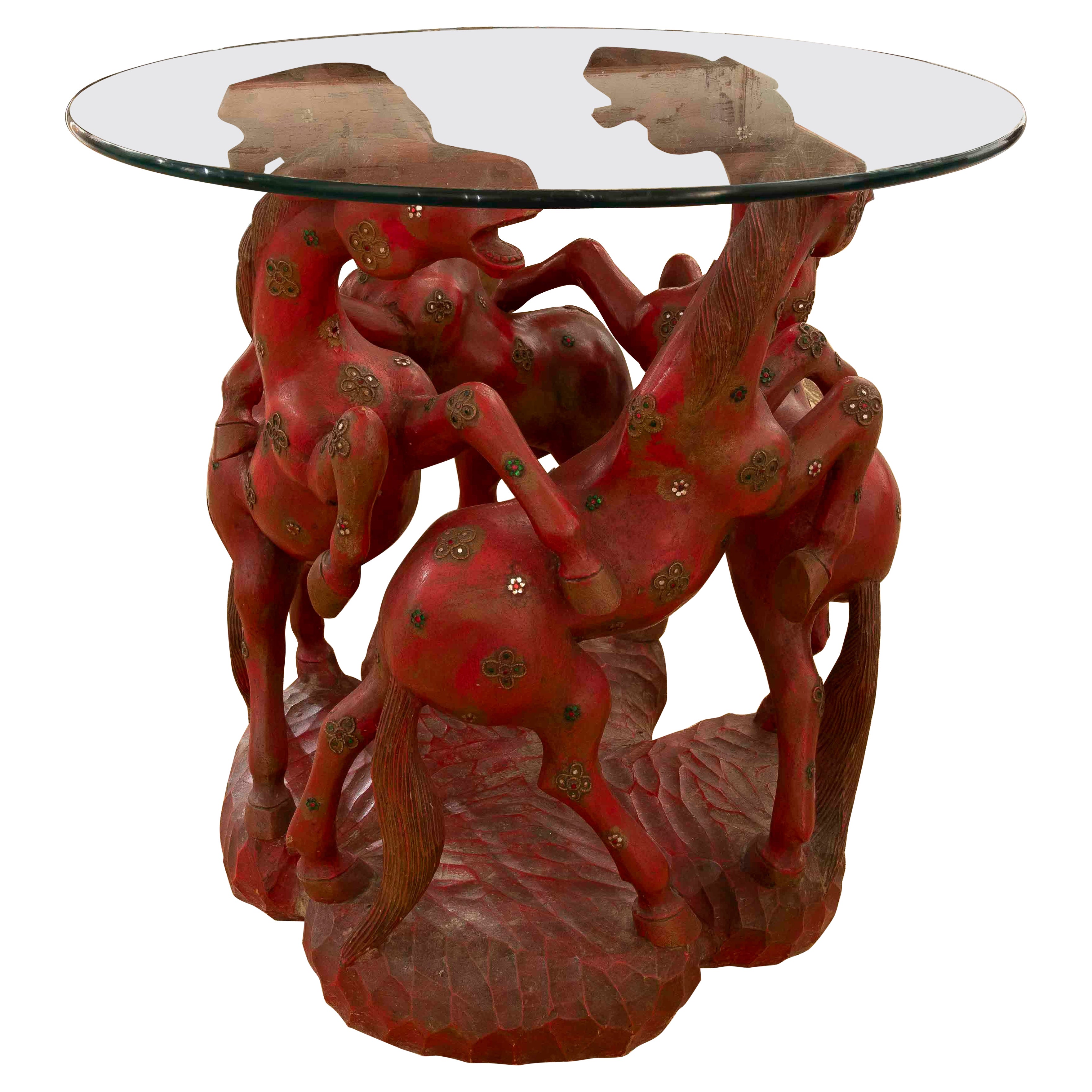 1970s Hand Carved in Wood and Inlaid Round Side Table with Red Horses