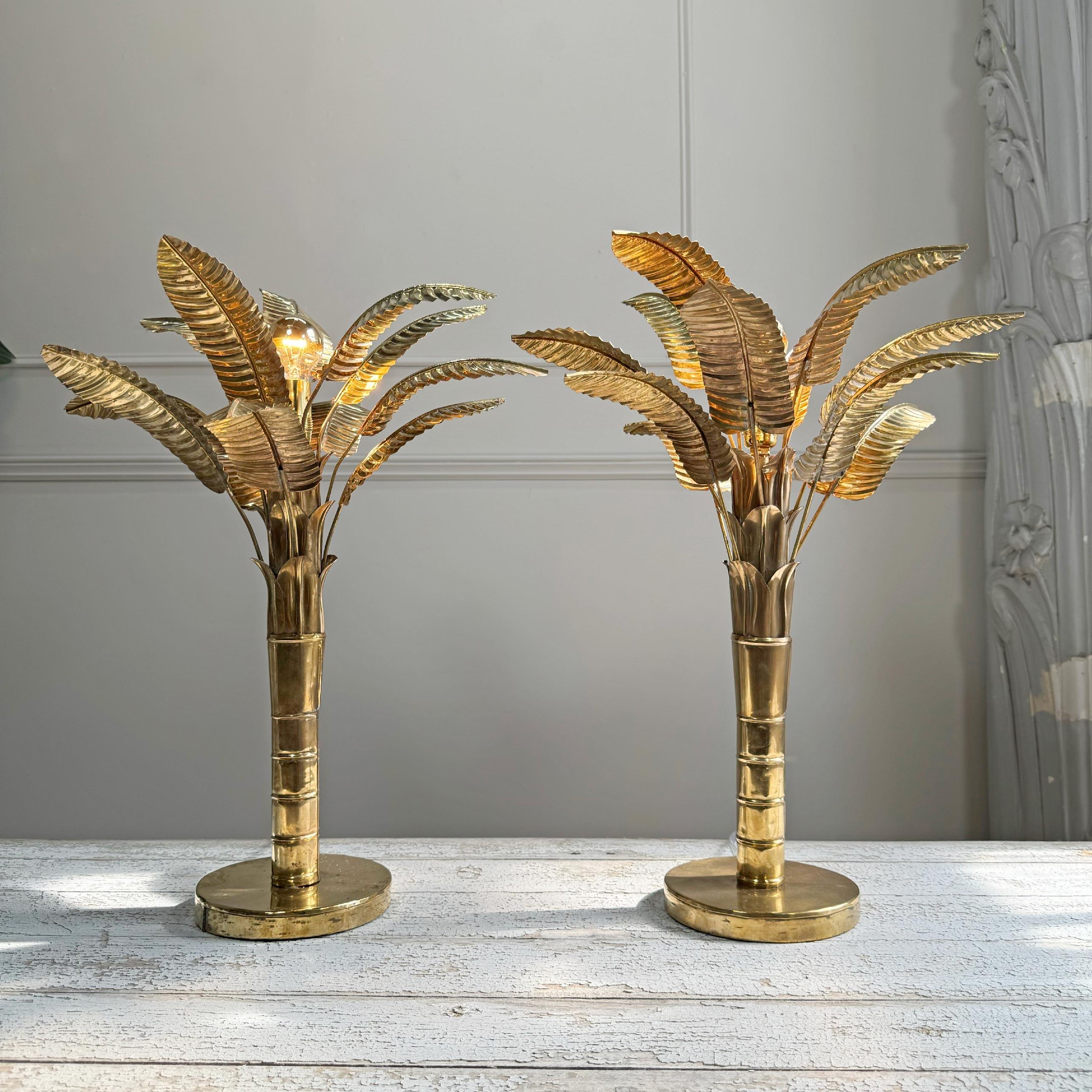 Belle Époque 1970's Hand Crafted Brass Banana / Palm Tree Table Lamps For Sale