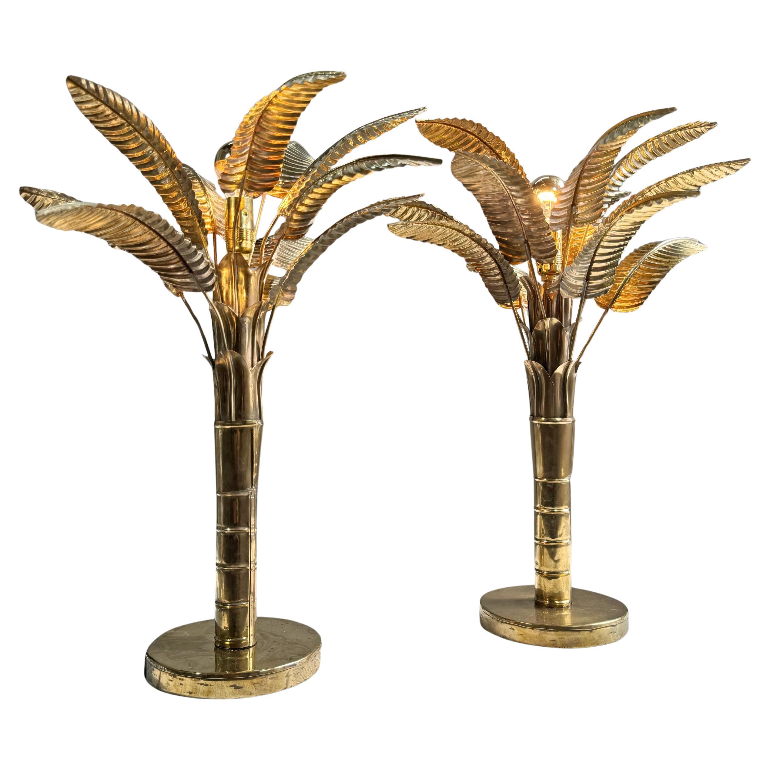 1970's Hand Crafted Brass Banana / Palm Tree Table Lamps For Sale