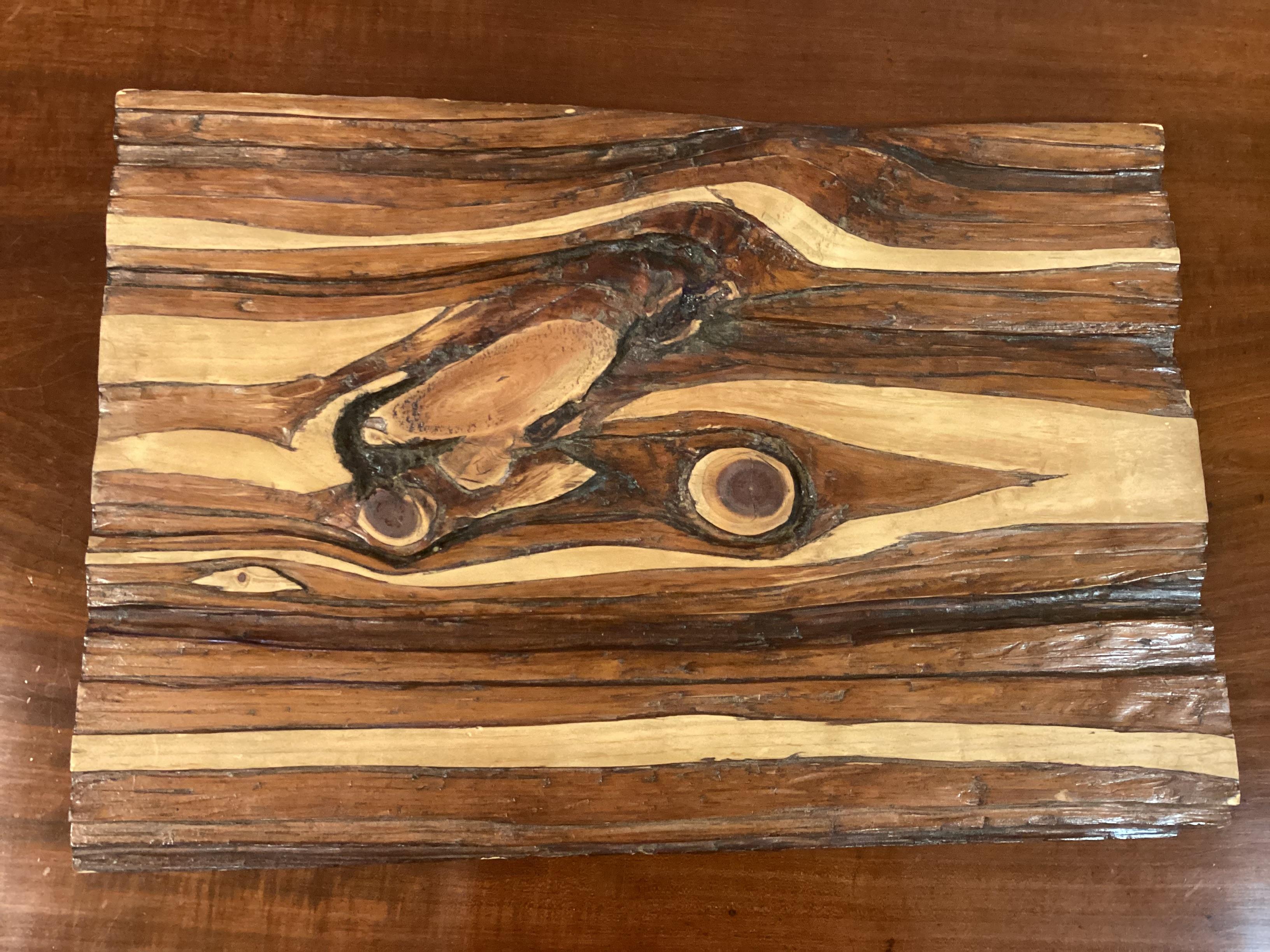 Une planche de pin profondément sillonnée et travaillée à la main pour l'exposition d'Ikebana et de Bonsaïs. Acquise à l'origine à San Francisco, la planche est poncée, coupée et teintée dans des tons foncés et clairs contrastés avec des zones