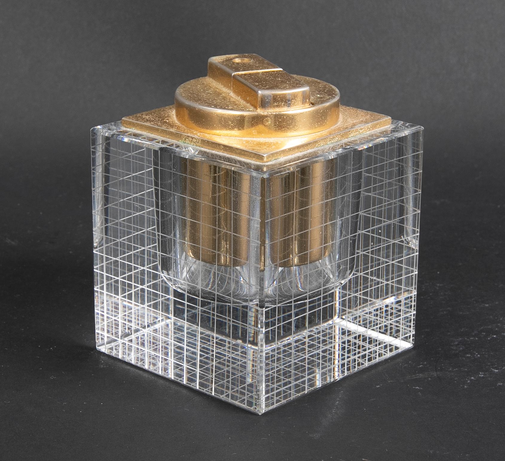 Italian 1970s Hand-Cut Crystal Lighter with Gilded Metal  For Sale