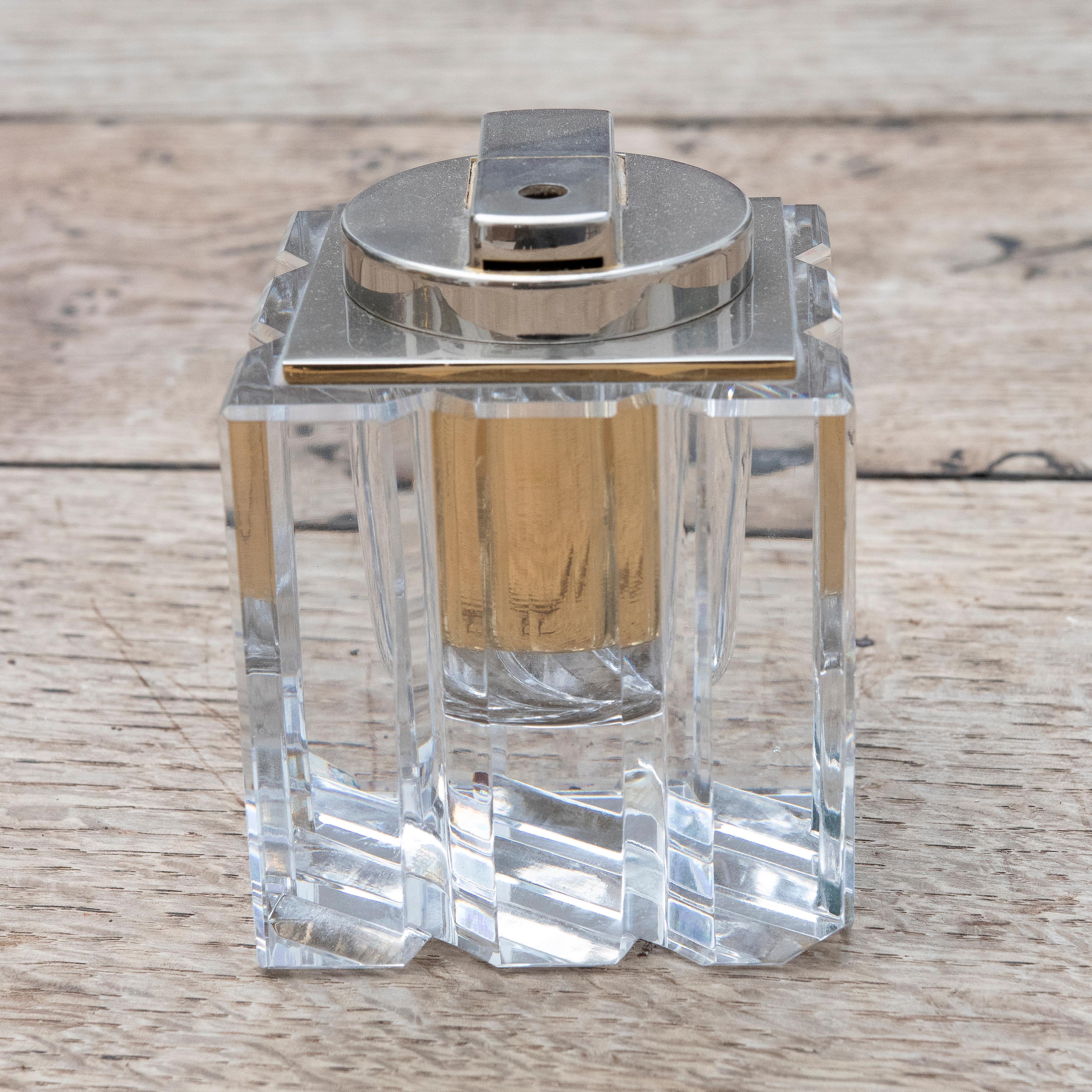 Spanish 1970s Hand-Cut Crystal Lighter with Gilded Metal For Sale