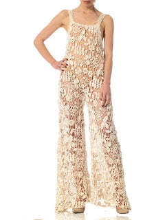 1970'S Beige Hand Done Cotton Crochet Lace Boho Jumpsuit