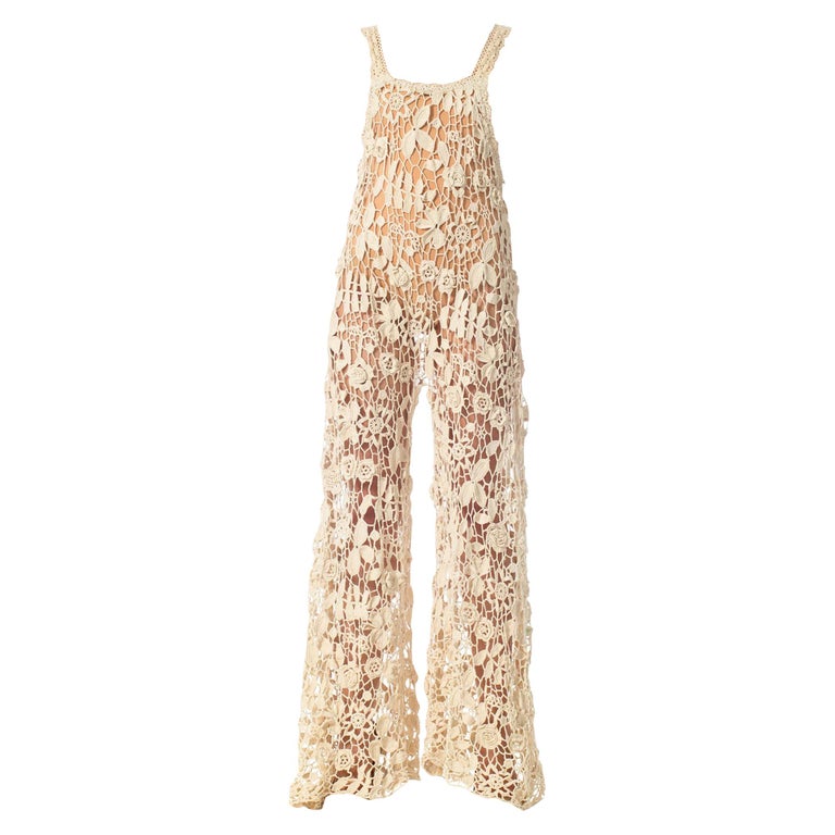 1970'S Beige Hand Done Cotton Crochet Lace Boho Jumpsuit at 1stDibs