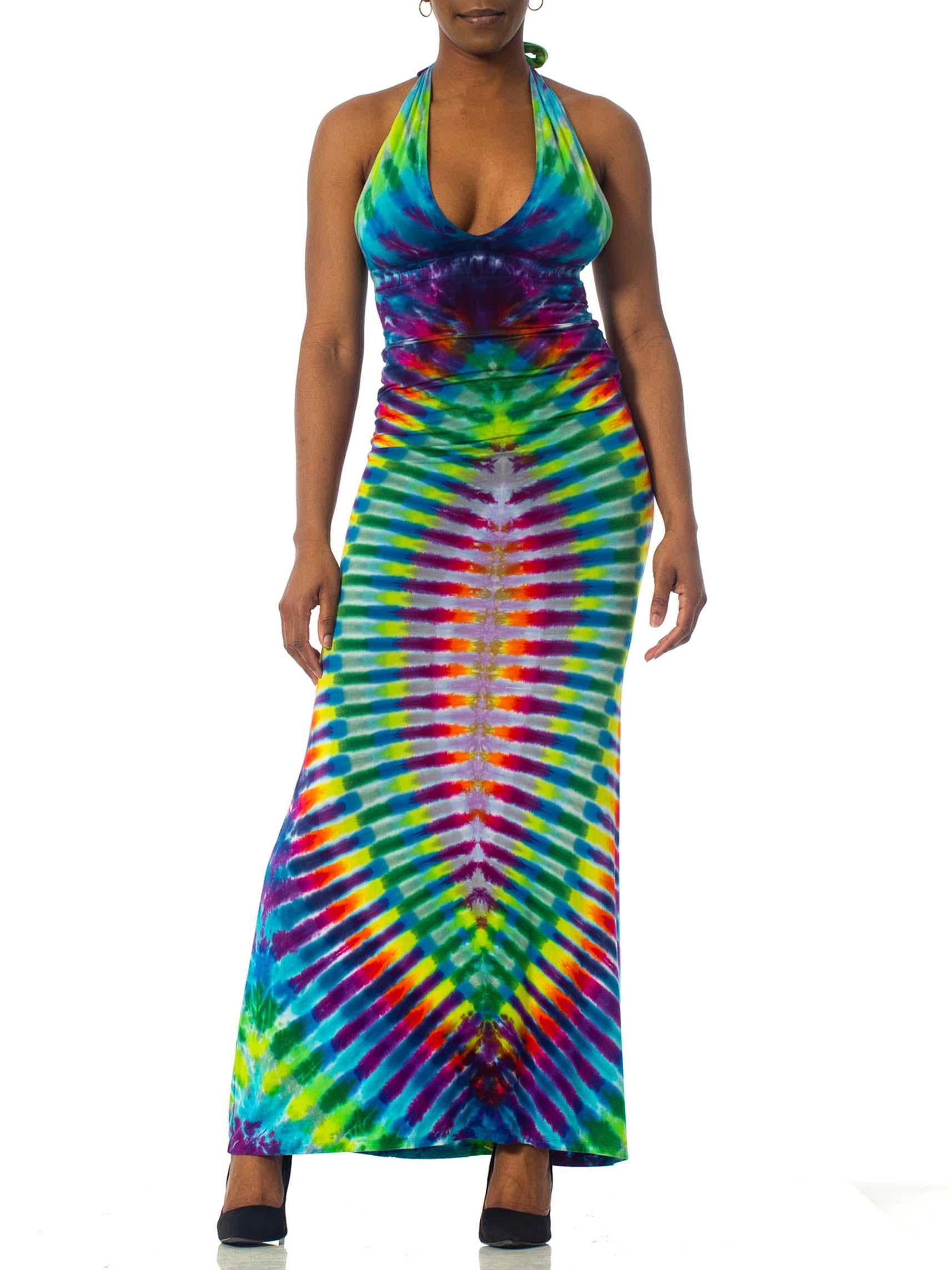 Blue 1970'S Multicolor Rayon Jersey Hand Tie Dyed Halter Dress